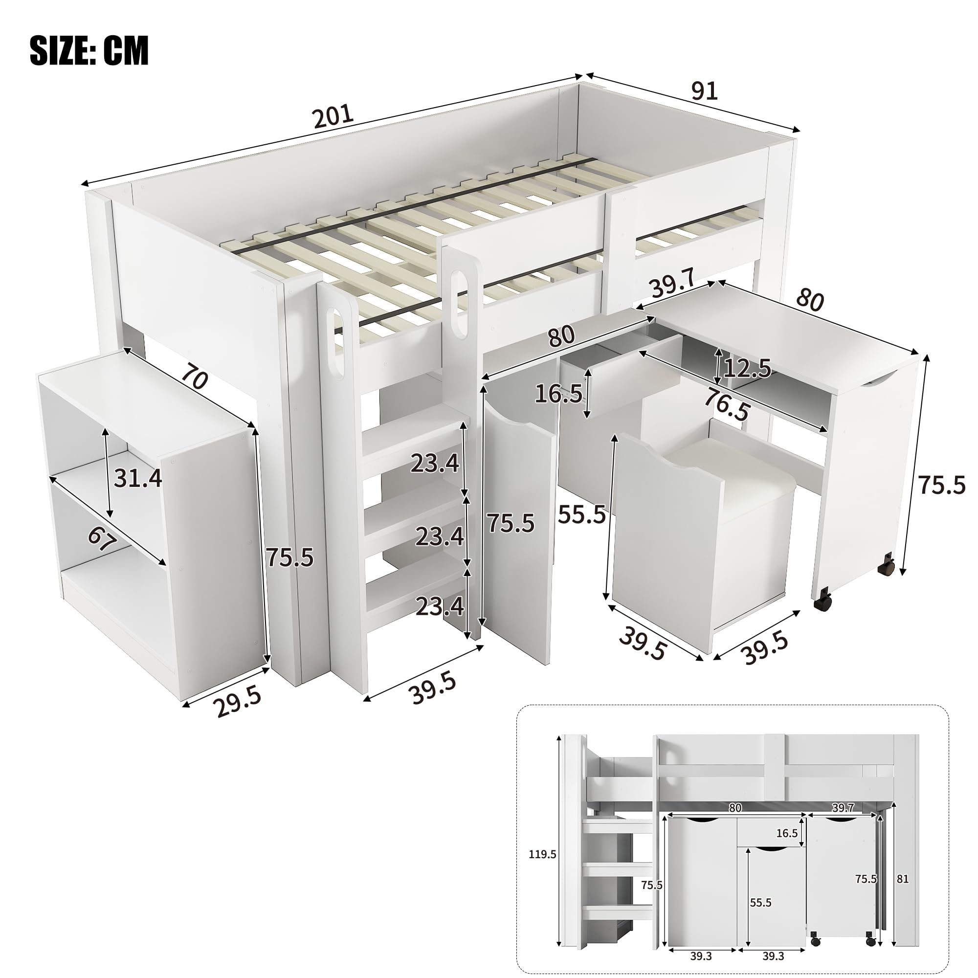 Etagenbett Kinderhochbett, multifunktionales Kinderbett, mit Leiter, mit Teleskopschreibtisch, mit herausnehmbarem Schrank, mit Schublade, 90 * 200 cm
