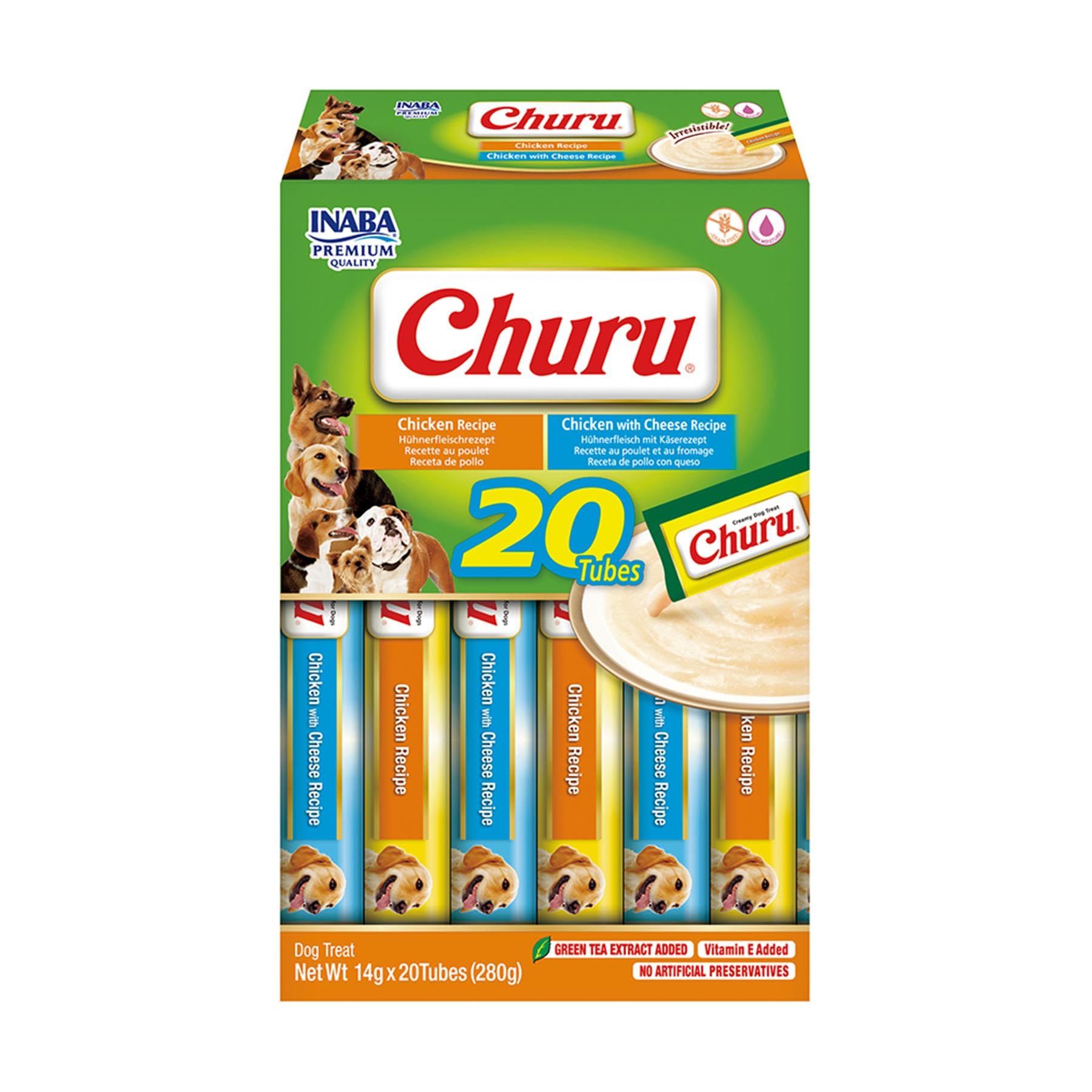 INABA Churu Perros - 2 Recetas Saludables con Pollo y Queso - Deliciosos Premios con Textura Suave y Cremosa - con Colágeno e Ingredientes Naturales - sin Conservantes ni Colorantes - 280 g (20x14 g)