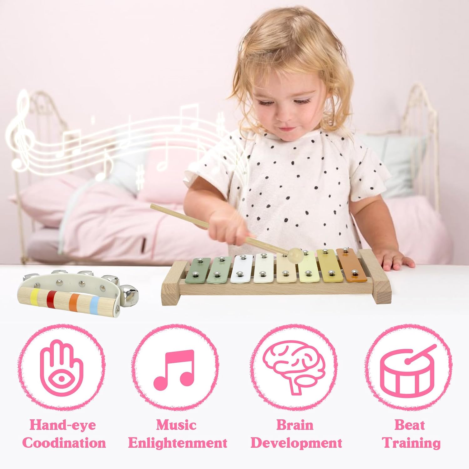 Baby Musical Instruments Montessori Wooden Toys for Toddlers, Neutral Colors Percussion Instruments Set, Modern Boho Xylophone Tambourin