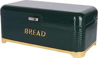 KitchenCraft strukturierter großer Brotkasten mit Deckel, belüftetes Design, 41,5 x 2 x 18cm - Hunter Green & Gold