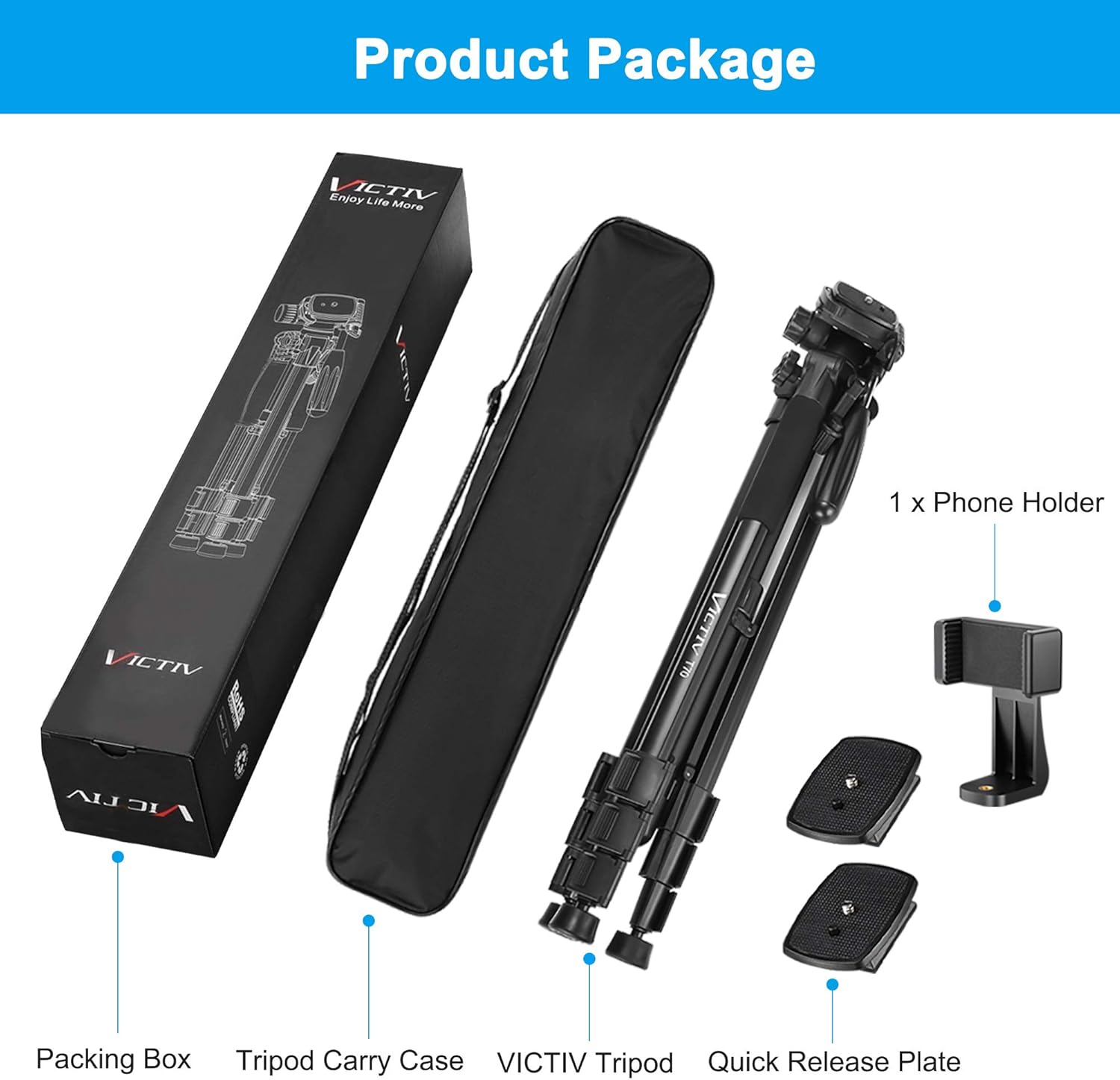 Victiv T70 Tripod Package Contents
