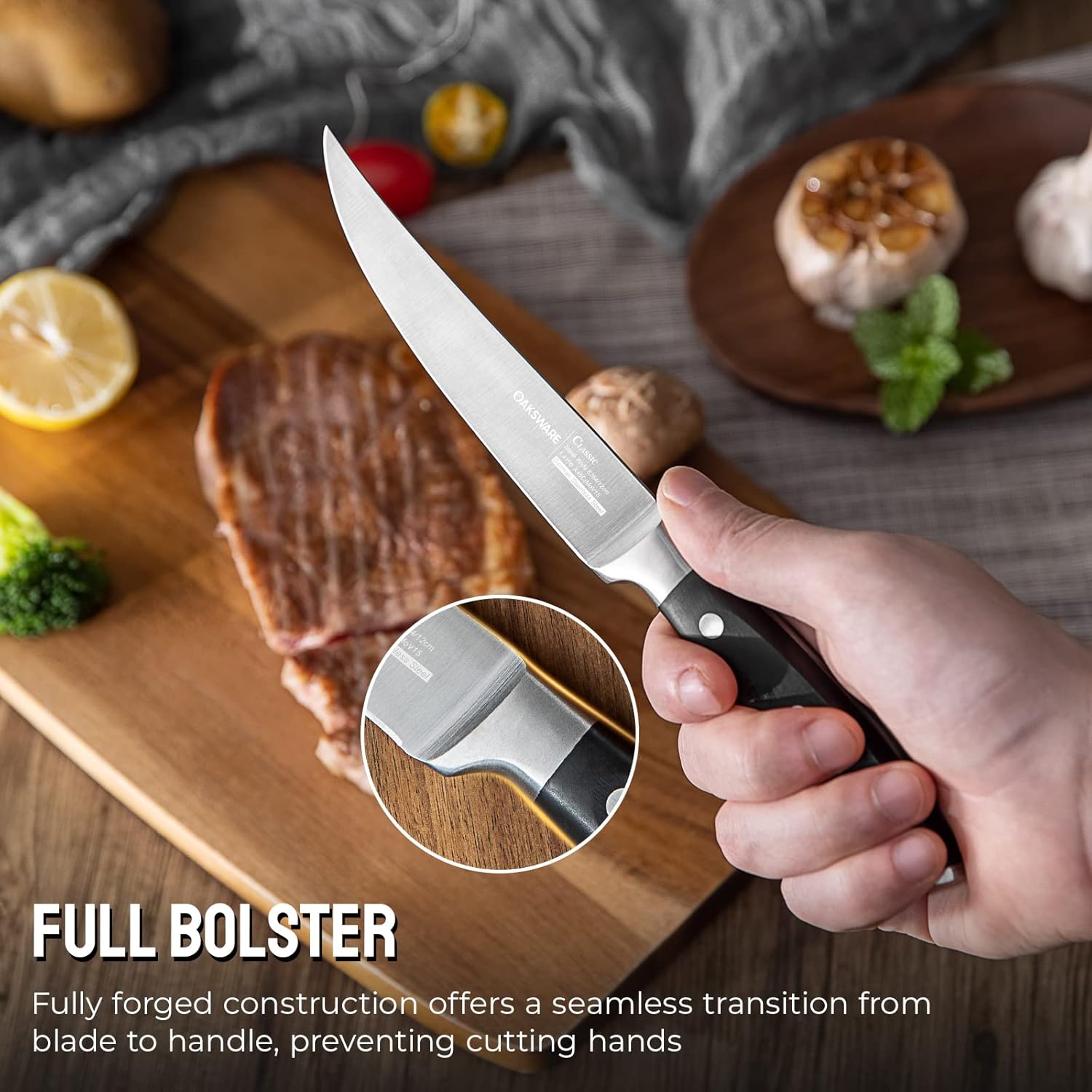 OAKSWARE Steak Knives Set of 8 with Block, 5 inch Non Serrated Steak Knife Set , 8 Pieces Professional Straight Edge Kitchen Table Dinner Knives - Forged German Steel - Full Tang Handle: Home & Kitchen