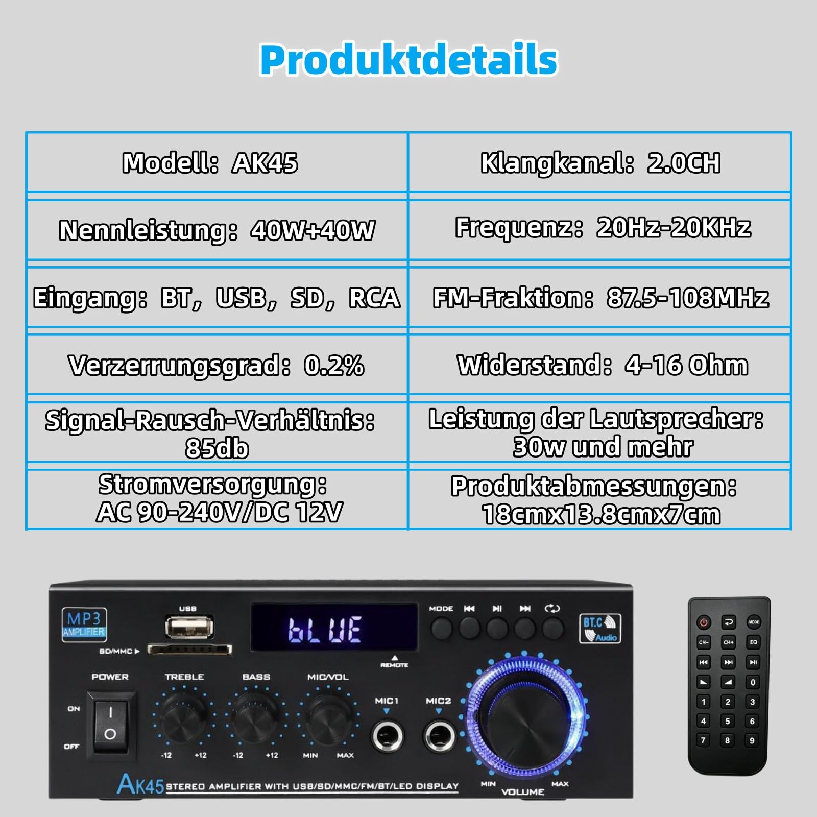 AK45 HiFi wzmacniacz Bluetooth Mini Stereo Audio Receiver 2.0-kanałowy wzmacniacz dźwięku z radiem FM, wejściem na kartę SD/USB, mikrofon do karaoke, regulator basów i wysokości, do domu, samochodu