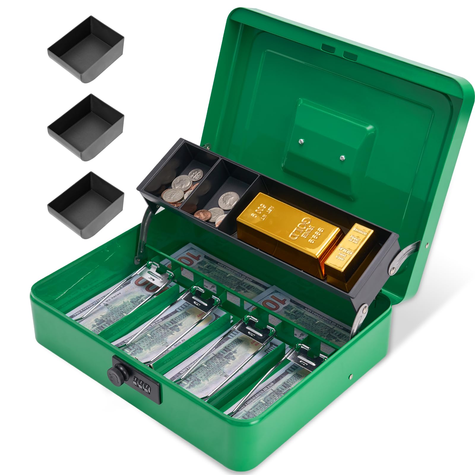 Cash Box with Combination Lock, Metal Money Box with Cash Tray, Lock Safe Box, 4 Bill/5 Coin Slots, 11.8L x 9.5W x 3.5H Inches, Green