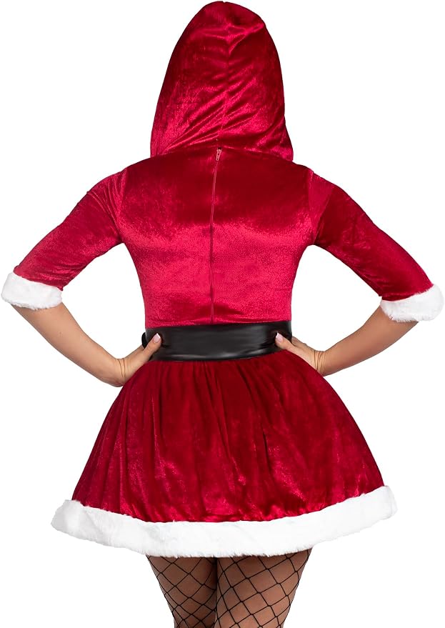 Costume Madame Noël Rouge - Robe à Capuche, Ceinture, Gants Blancs, Taille M à 2XL