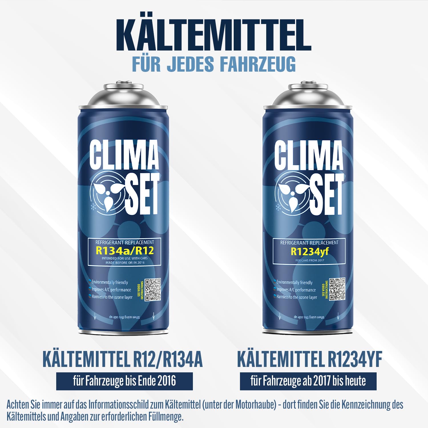 ClimaSet - R-1234yf Kältemittel & Schlauch & Adapter - Klima Selbst Befüllen Set - Nachfüllset, Autoklima Nachfüllen - 170g
