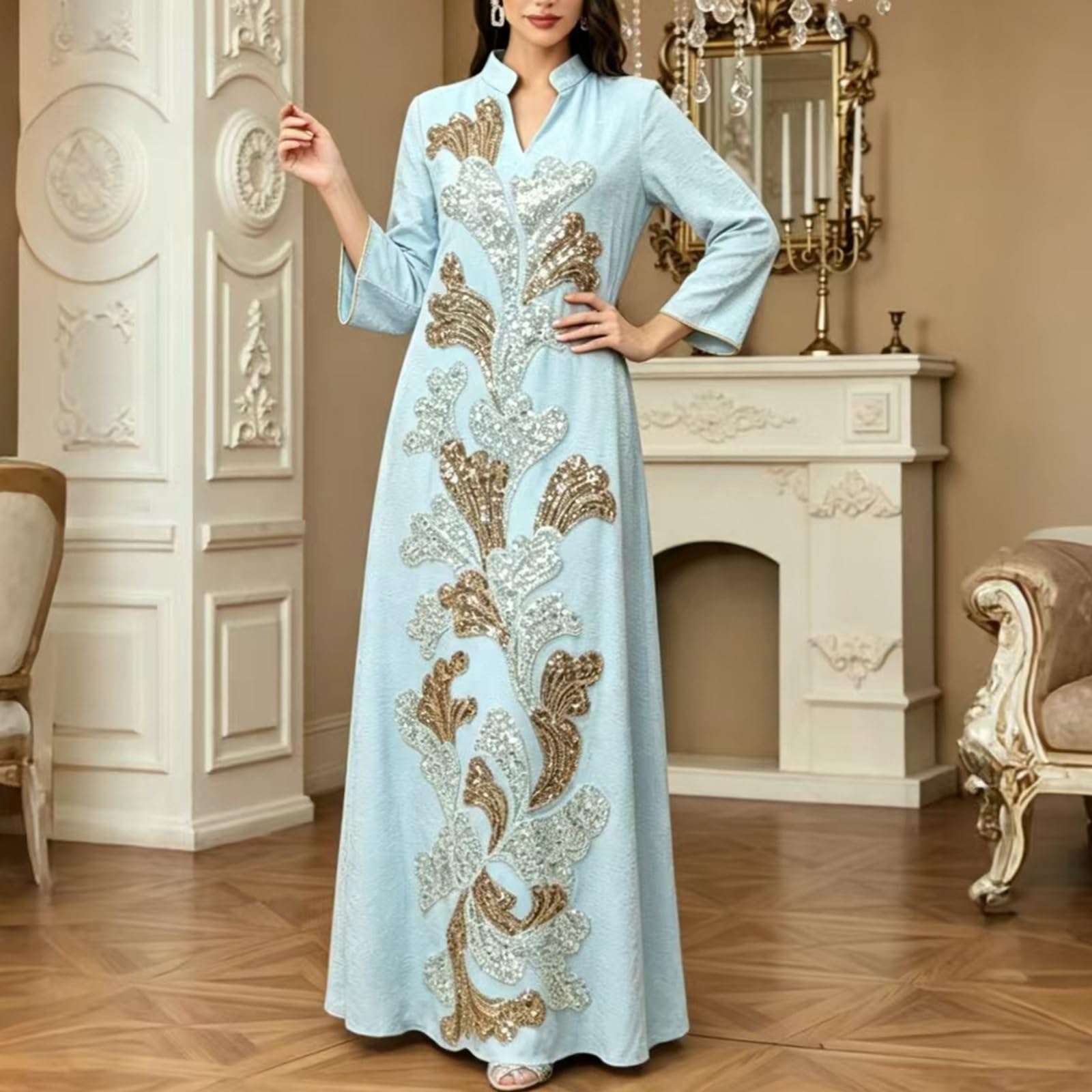 Abito Lungo Goffrato e Testurizzato, con Scollo A V e Ricamo di Paillettes Applicato sul Davanti, per Le Occasioni Festive e Le Feste