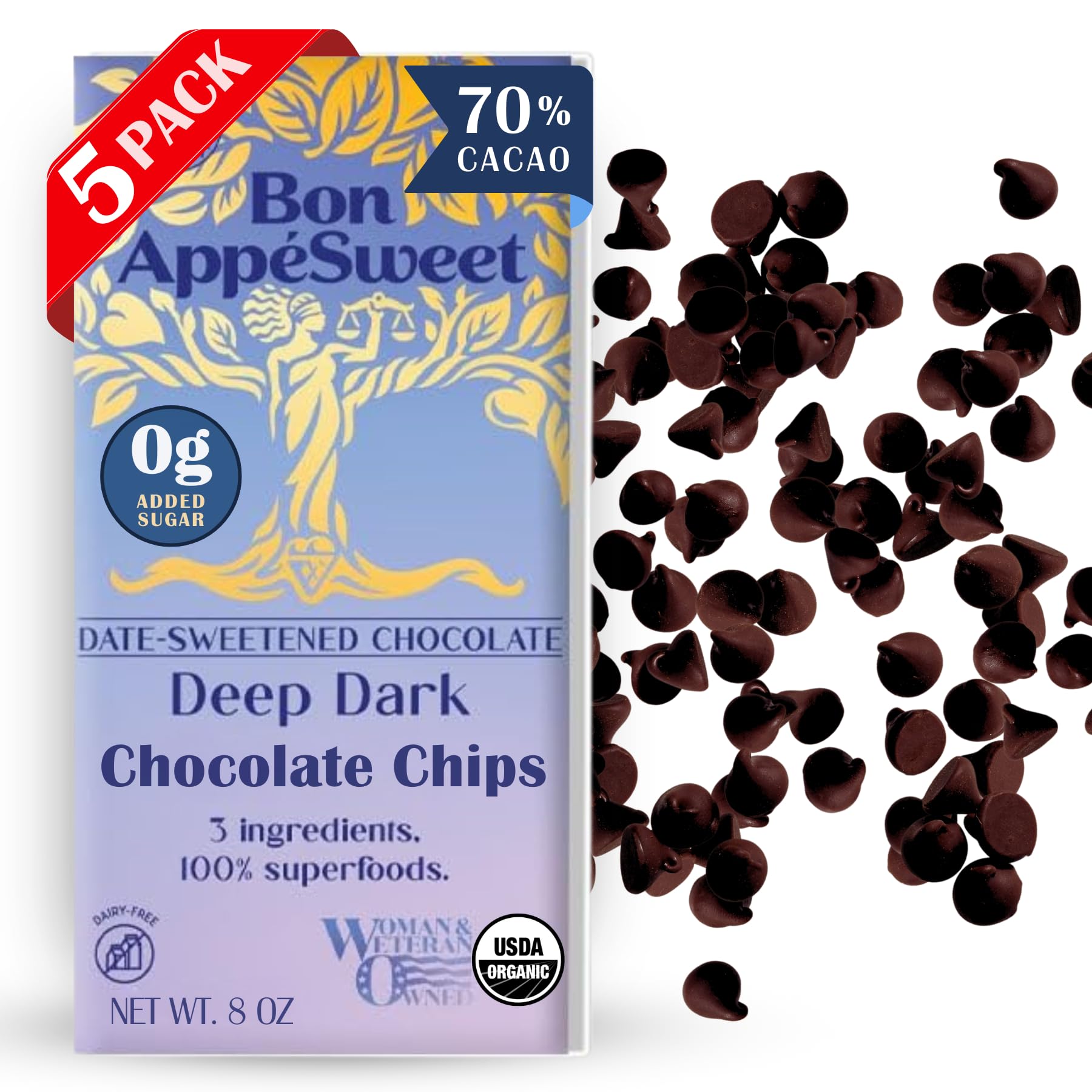 Bon Appesweet Date Sweetened Chocolate Chips - Deep Dark | 8 Ounce (Pack of 5) | Organic, Zero Added Sugar, 70% Cacao, Plant Based, Dairy Free, and Guilt Free!USDA Organic