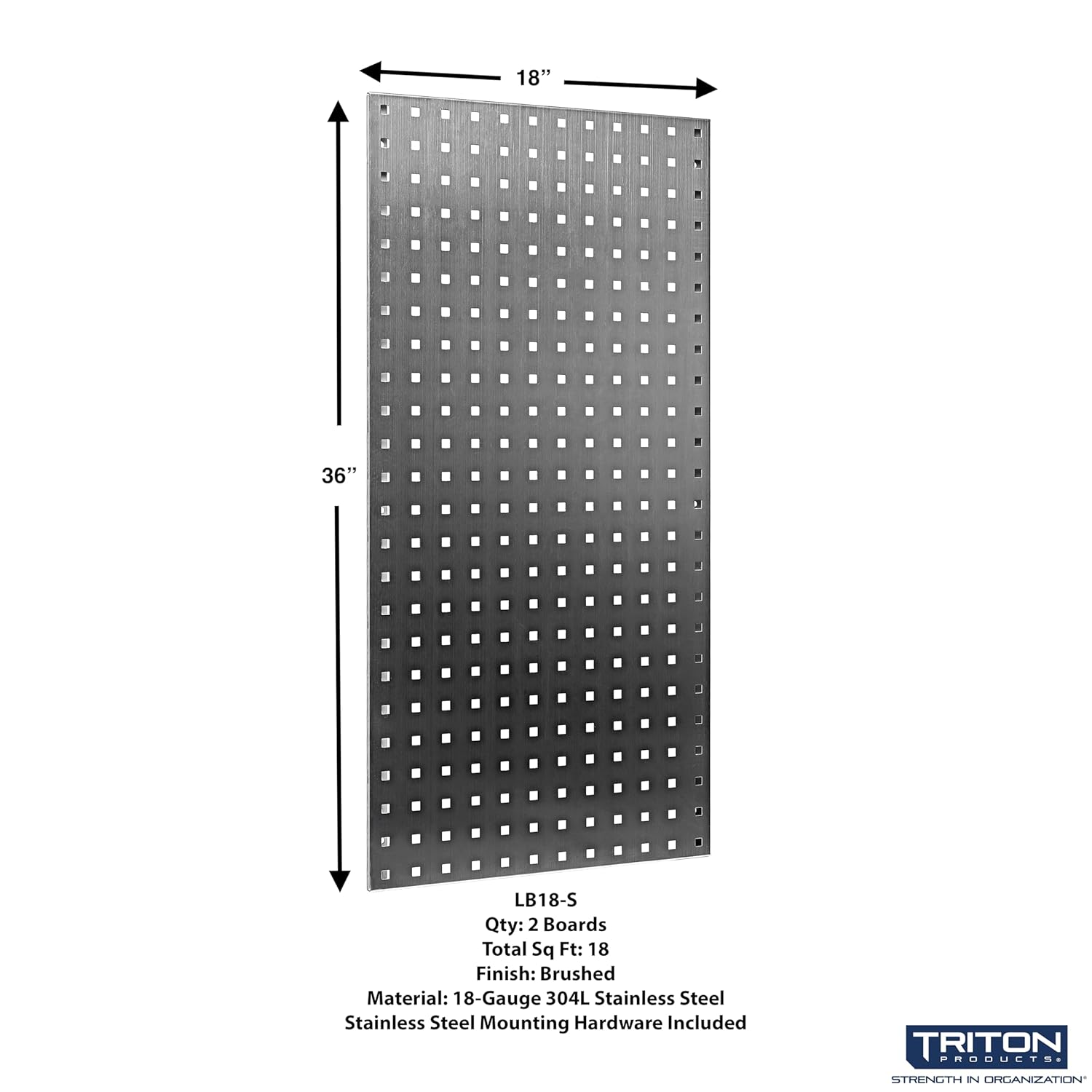 Triton Products LB18-SKIT Stainless Steel LocBoard Kit With (2) 18" x 36" x 9/16" Pegboards, (32) Stainless Steel Pegboard Hooks, (3) Plastic Bins