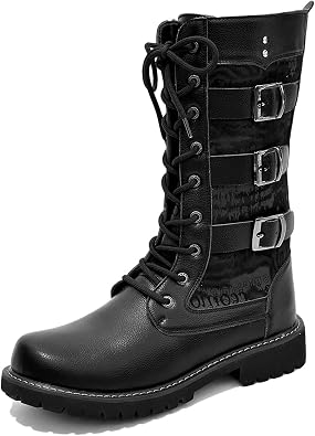 MenS Black Leather Platform Combat Boots Retro Round Toe Multi-Buckle Chunky Lug Sole Lace-Up Motorcycle Boots Comfortable Work Party Punk Ankle Boots