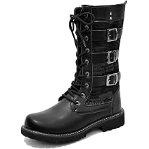 MenS Black Leather Platform Combat Boots Retro Round Toe Multi-Buckle Chunky Lug Sole Lace-Up Motorcycle Boots Comfortable Work Party Punk Ankle Boots