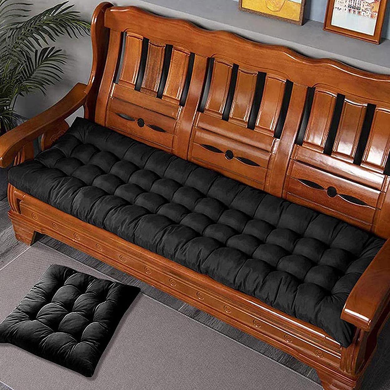 Ggoty Black Garden Bench Cushion Pad 2/3 Seater,Thick Cotton Bench Pad Cushions 100Cm/110Cm/120Cm,Rectangle Seat Cushion Pads For Outdoor Indoor (,155X50cm)