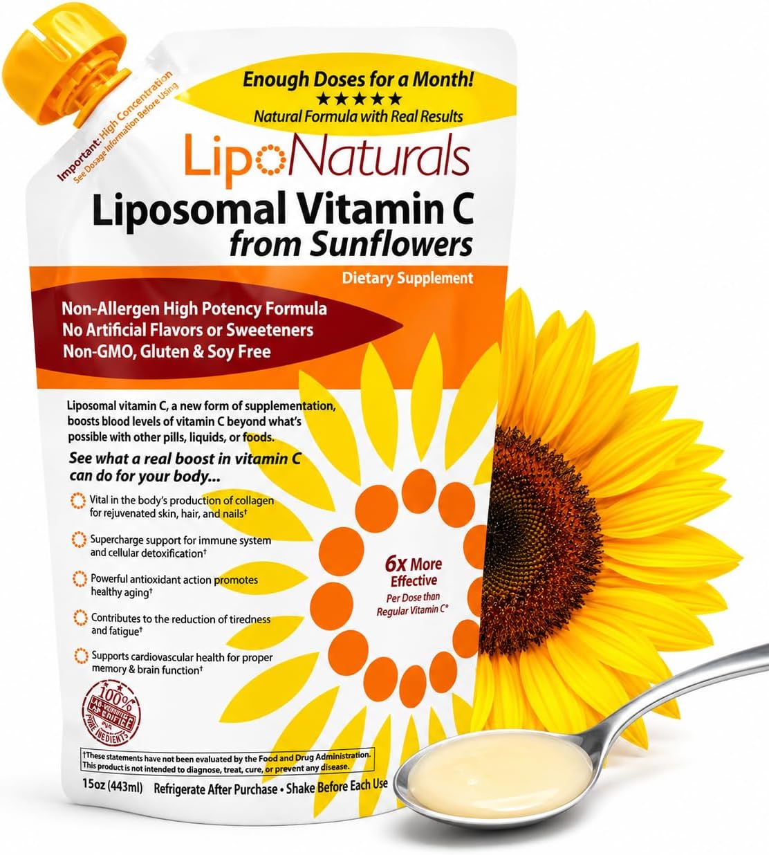 Lipo Naturals Liposomal Vitamin C | China-Free | No Artificial Preservatives | No Soy | 30 Doses (15 Ounces) | Non-GMO | Made in U.S.A | Maximum Encapsulated Vitamin C Bioavailability | Real Results