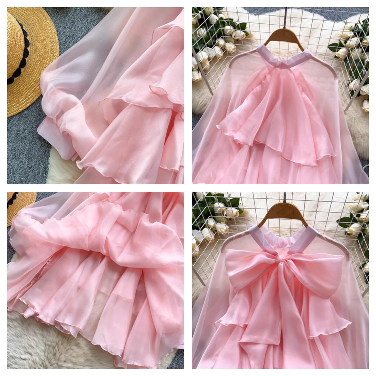 Blouse femme élégante à volants avec col noué, manches longues lanternes et volants superposés, chemise tendance pour le travail