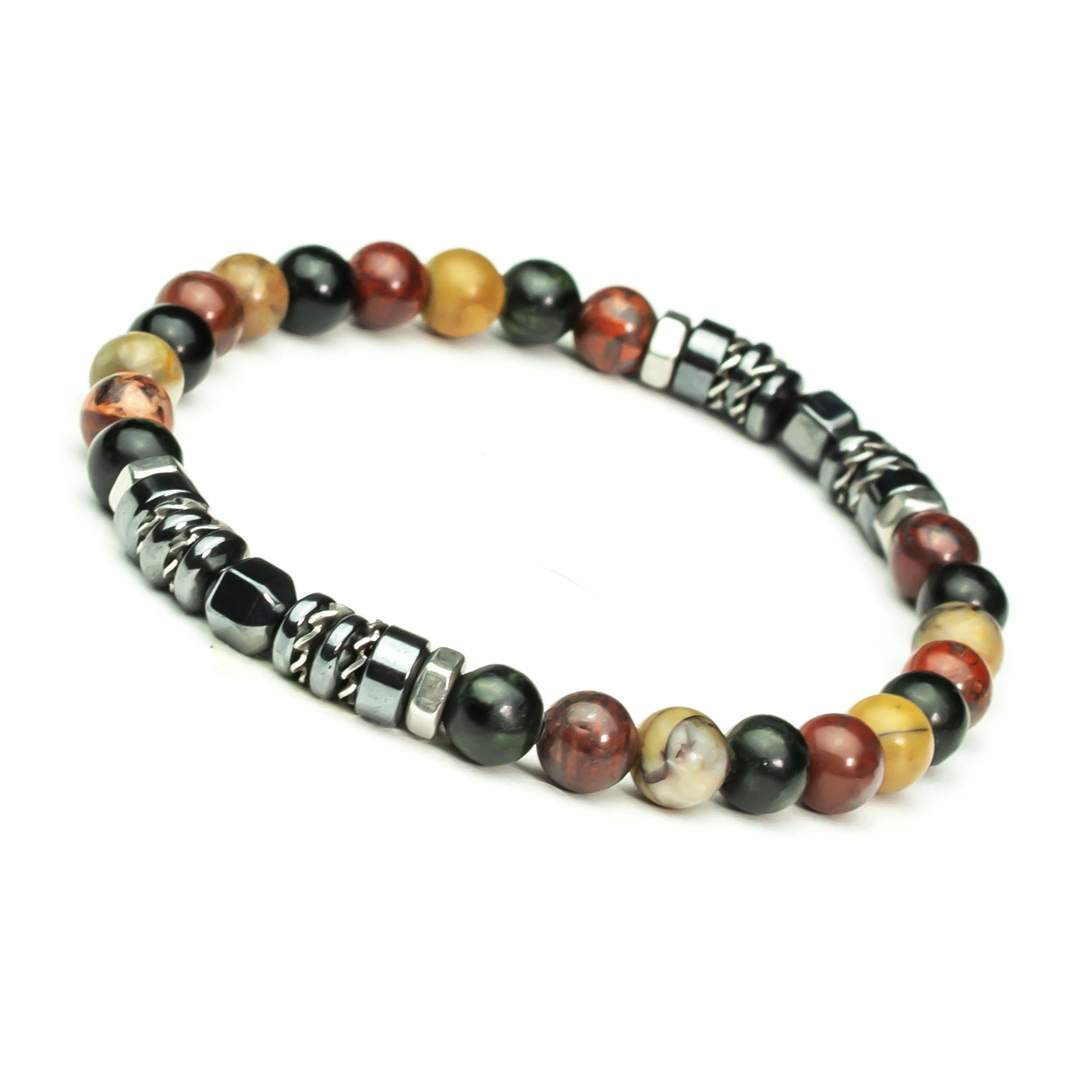 New! Bracelet Modèle style Tibétaine pour Homme ou Femme perles 6 mm pierre Jaspe/Jasper Picasso rondelles Hématite acier inox fait main en France