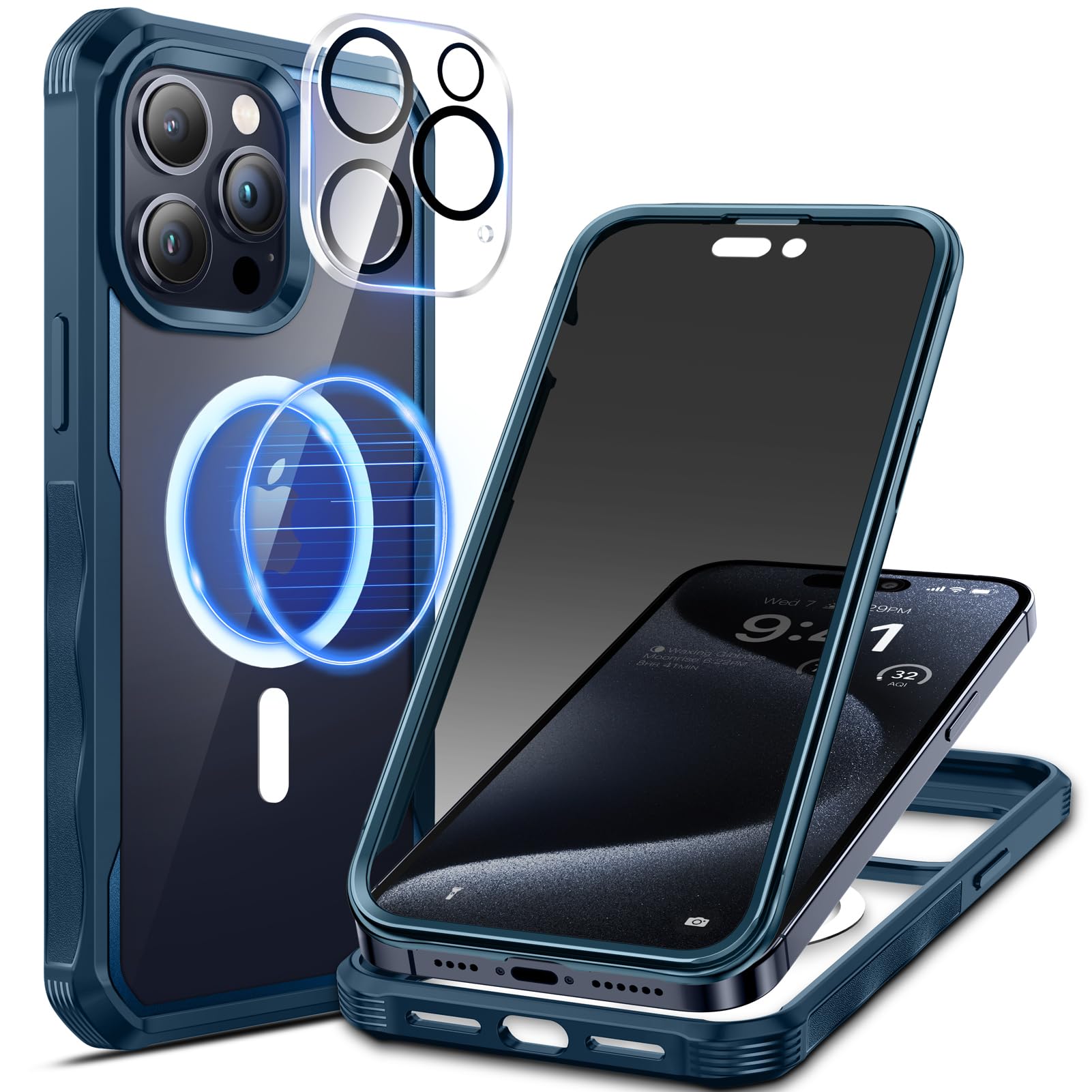 seacosmo Magnetic iPhone 15 Pro Max Case with Privacy Screen Protector and Camera Lens Protector