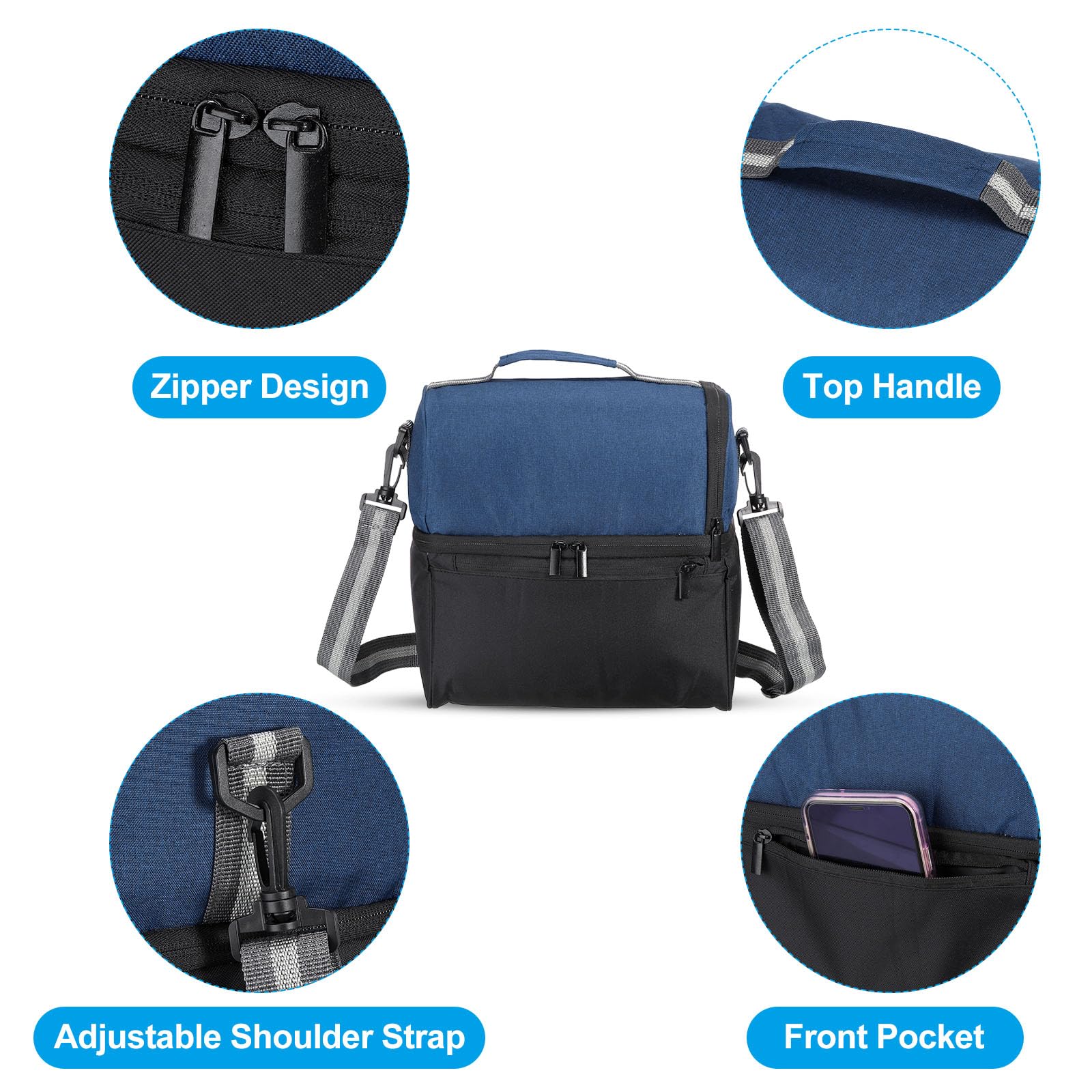 Sac à déjeuner isotherme en tissu Oxford imperméable, sac fourre-tout thermique portable, boîte à déjeuner, récipient alimentaire pour le travail, le bureau, le pique-nique en plein air, 26,7 x 18 x