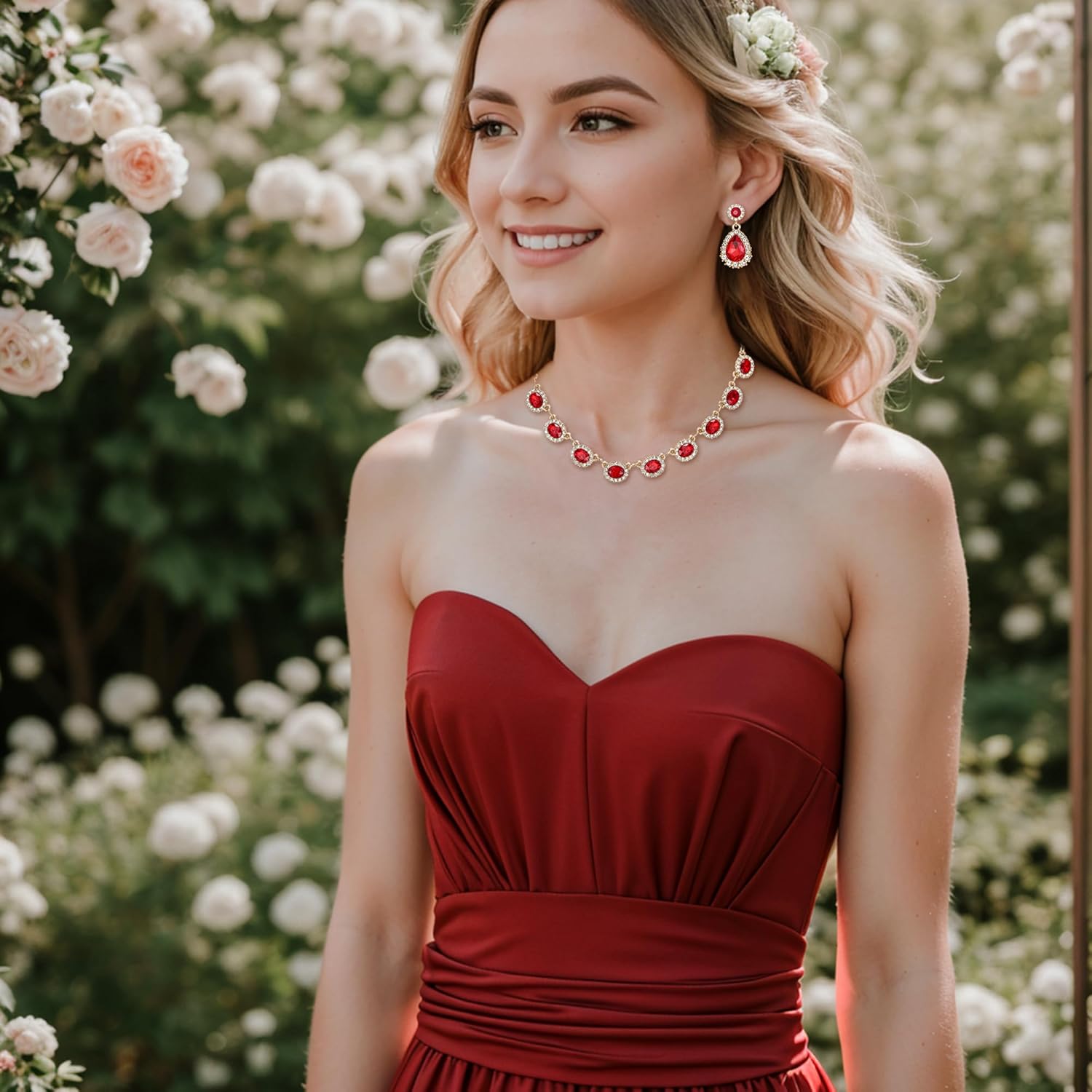 BriLove Wedding Jewelry Set for Women Bride Necklace Earrings Set Crystal Teardrop Oval Cluster Jewelry for Bridal Bridesmaid Party Prom - Image 4