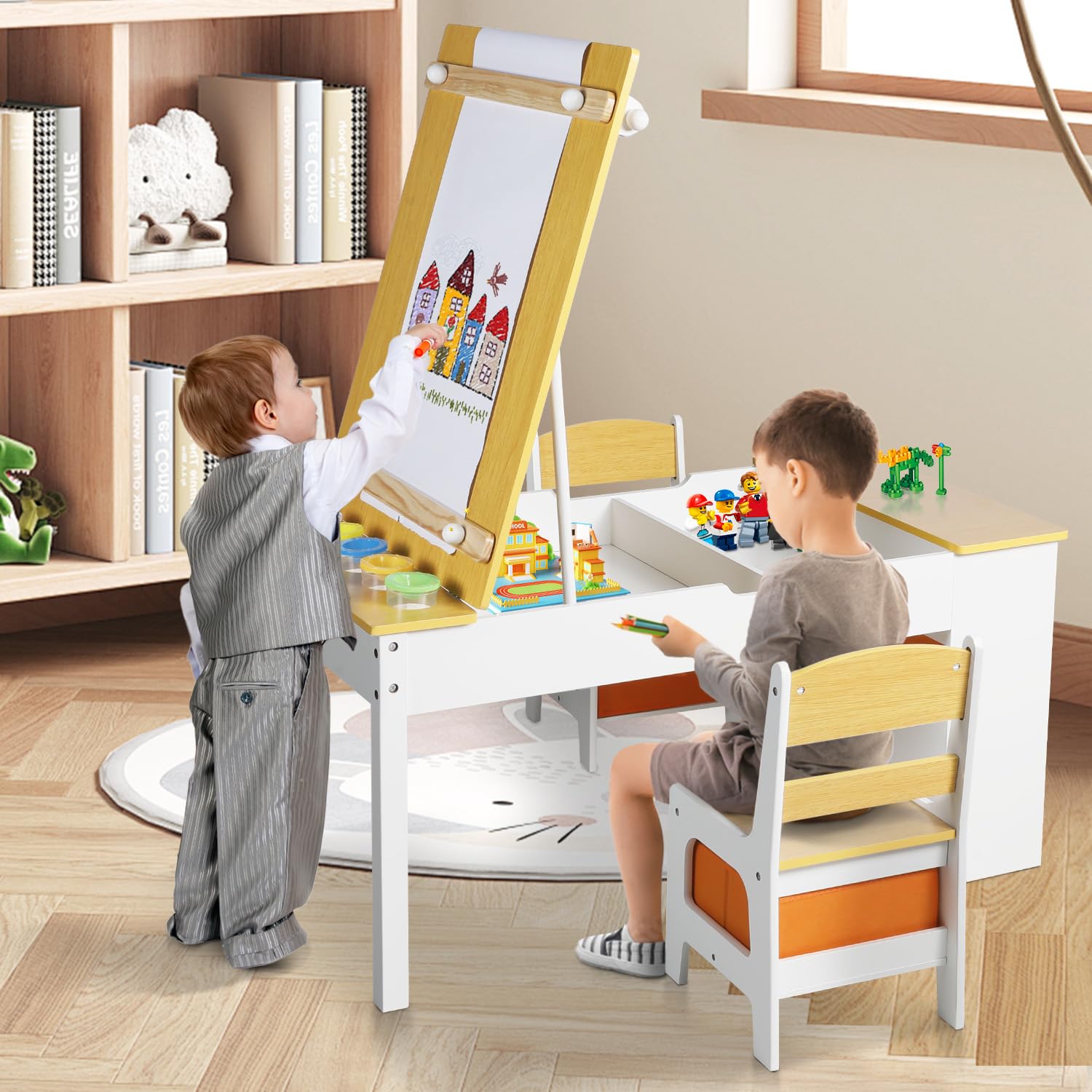 GRAVFORCE Kindertisch mit 2 Stühlen Maltisch & Basteltisch Kinder mit anhebbarer Tischplatte Spieltisch Kinderzimmer mit Stauraum Farbbechern 8 Stoffbehältern für Kinder ab 3 Jahren (Natural)