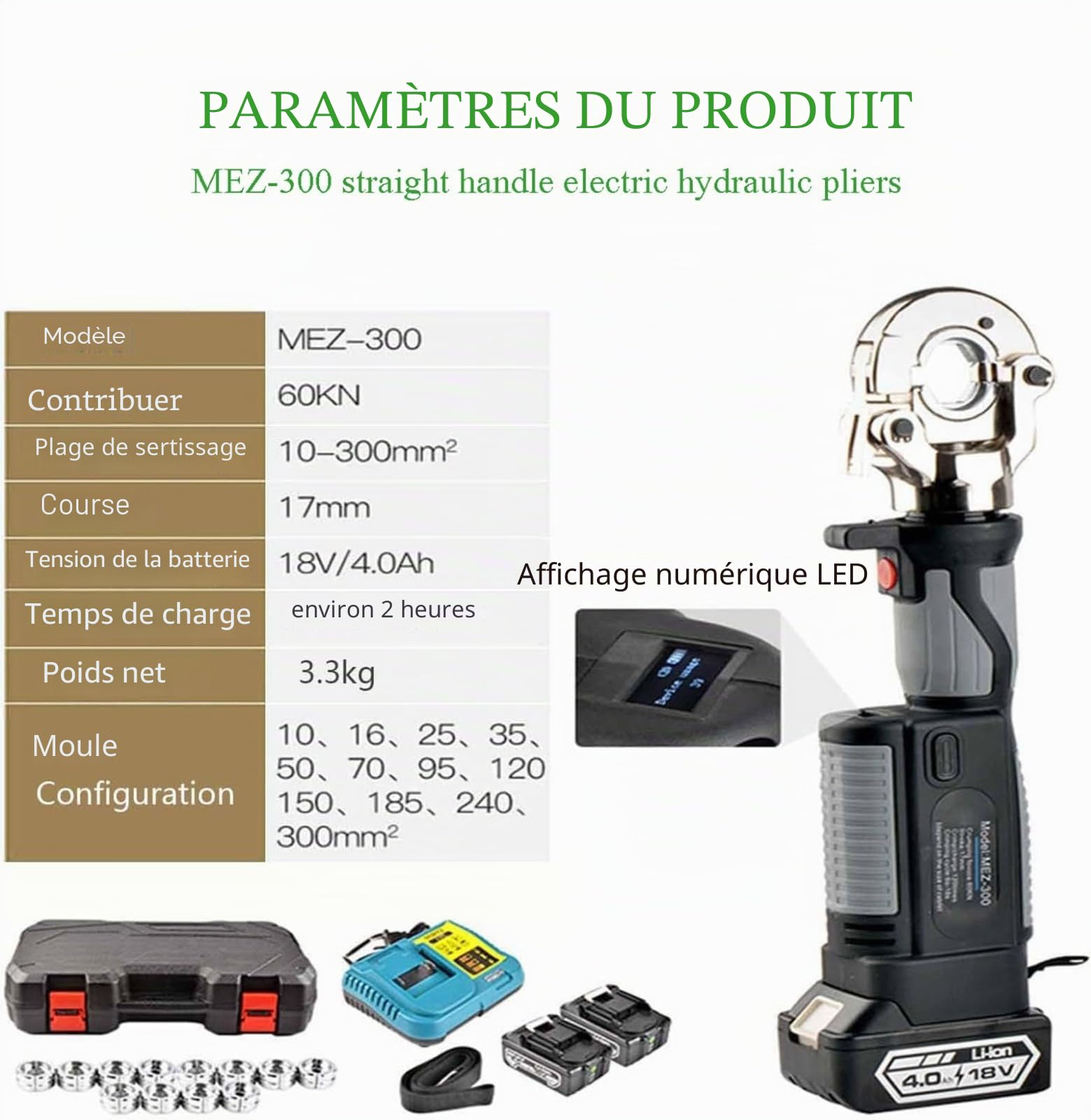 Pince à sertir hydraulique rechargeable 10-300 m², outil de sertissage hydraulique électrique avec 12 paires de matrices, pince à sertir à piles pour bornes en cuivre et aluminium, vert