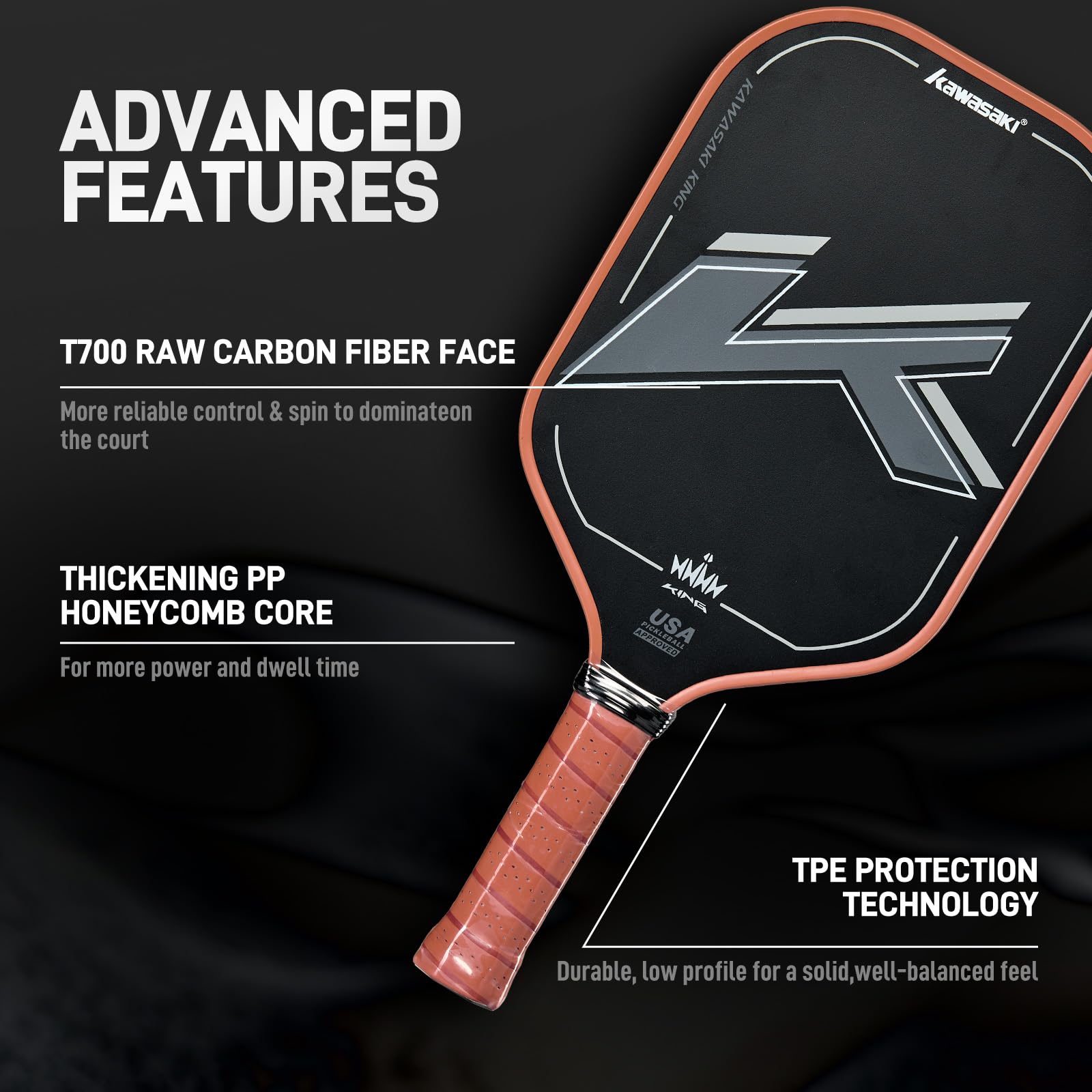 Pickleball Paddel, Kawasaki T700 Premium-Kohlefaser (CFS) -USAPA Genehmigt King Series Pickleball Schläger 16mm, für Turnierstufe mit Cover Case/Griff