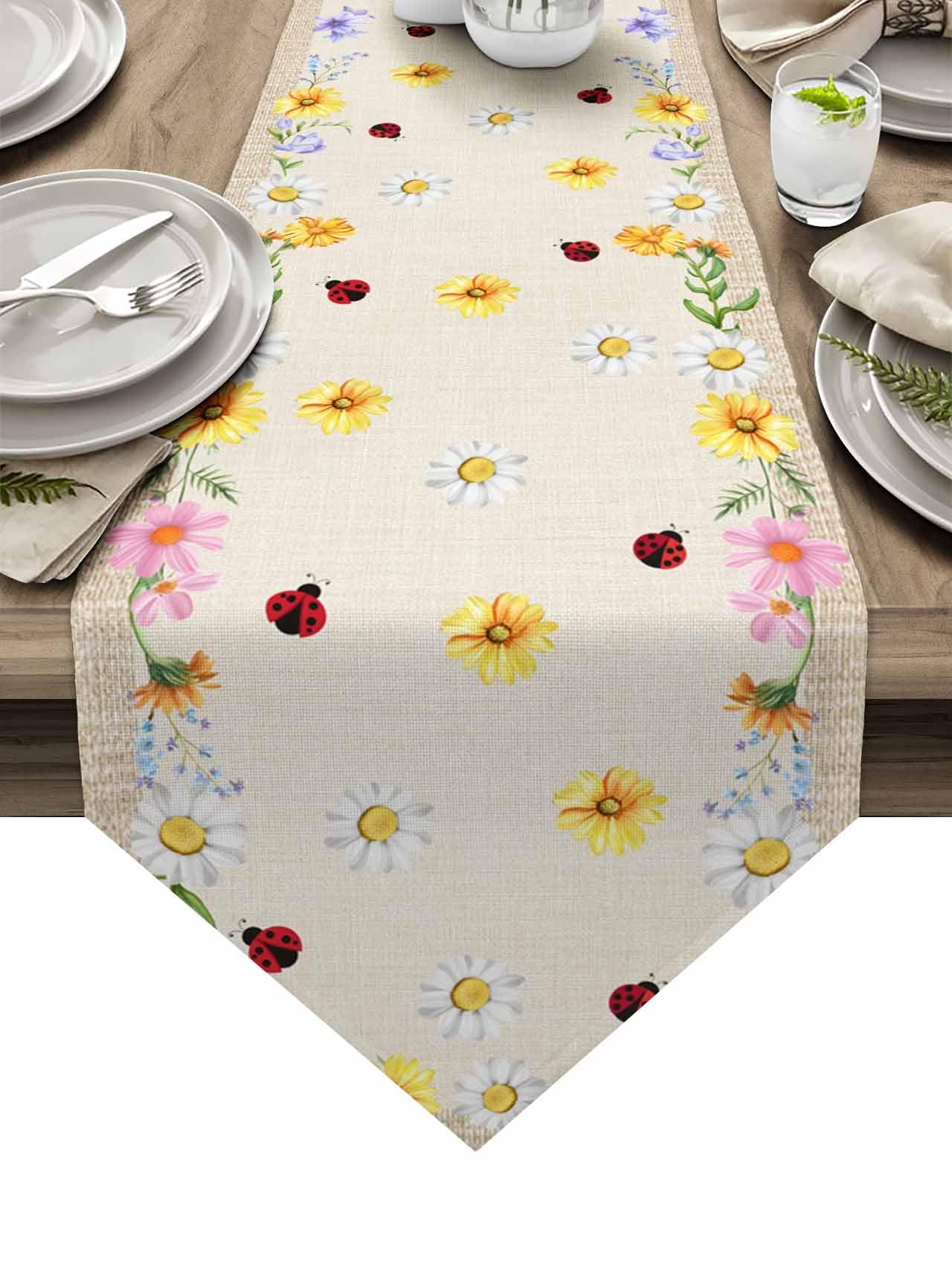 Table Runner Dresser Scarves, Rustic Floral Burlap Ladybugs Table Runners,Non-Slip Washable Kitchen Dining Coffee Table Decor for Farmhouse Party