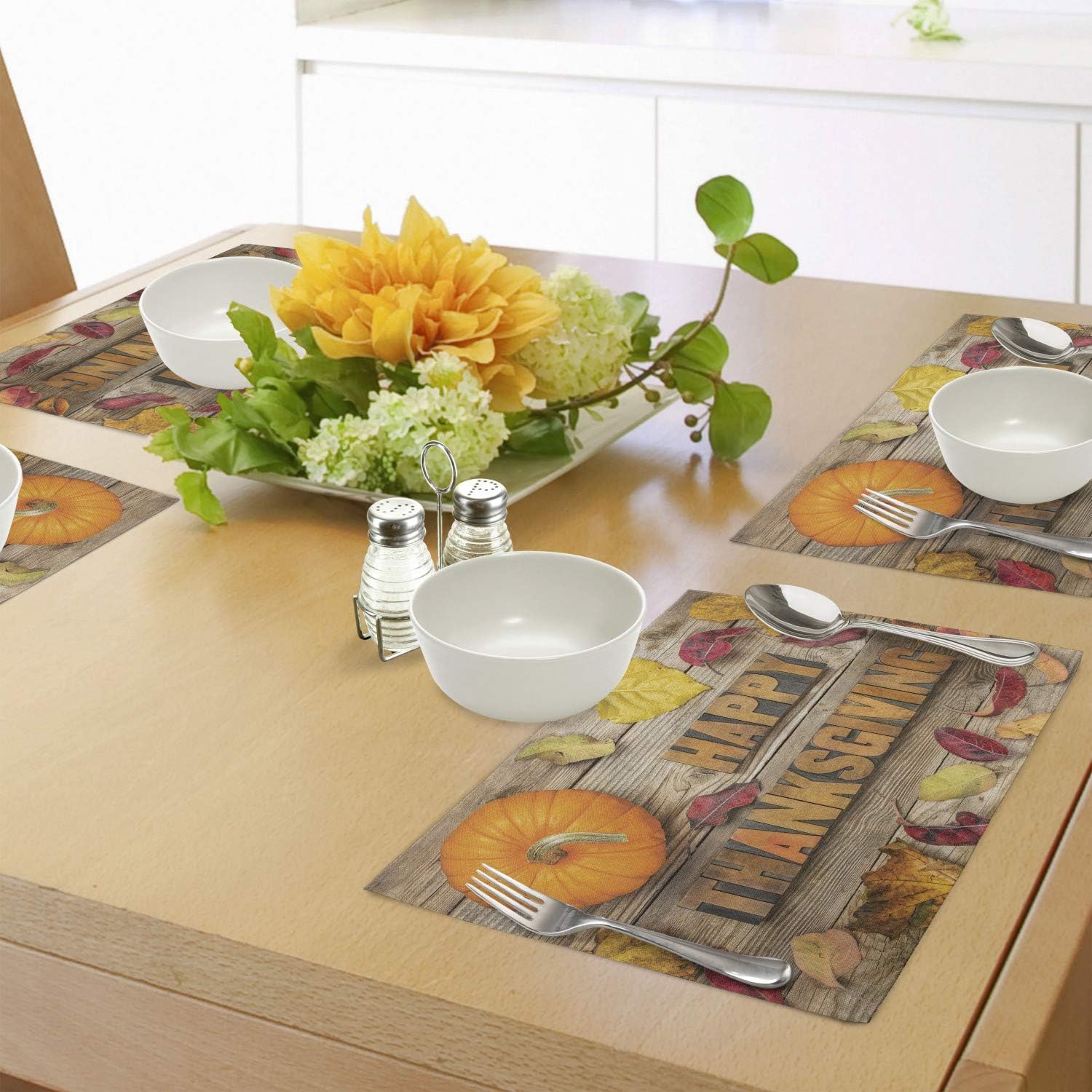 Lunarable Thanksgiving Place Mats Set of 4, Vintage Letterpress Wood Blocks Rustic Planks Pumpkin Dry Leaves Print, Washable Fabric Placemats for Dining Room Kitchen Table Decor, Cocoa Orange Red