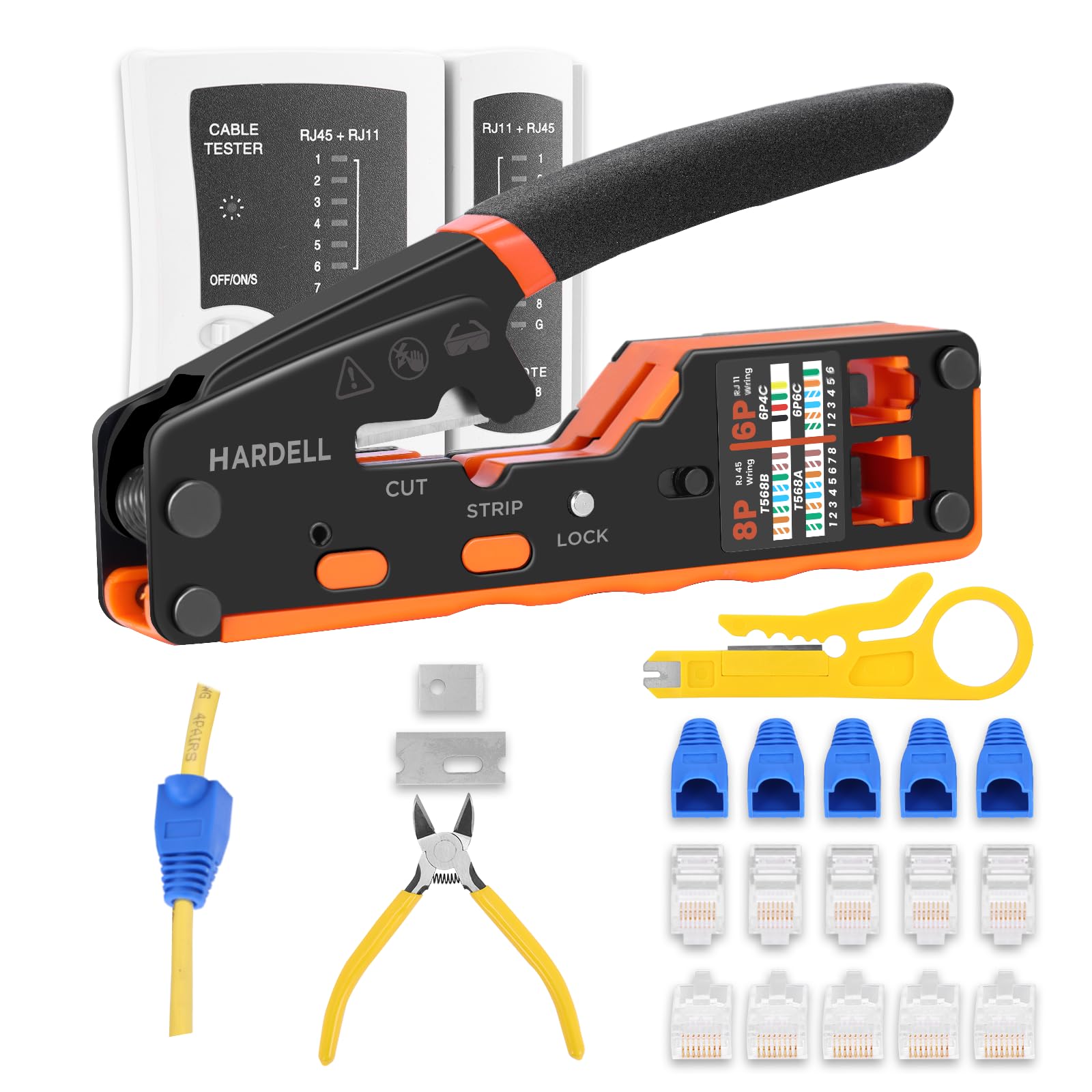 HARDELL Pinza Crimpatrice RJ45, Crimpatore Ethernet Passante per Connettori RJ11/RJ45 Cat5/Cat6, Kit Completo con Schema di Cablaggio, Lame di Ricambio, Guaine, Tester e Batteria