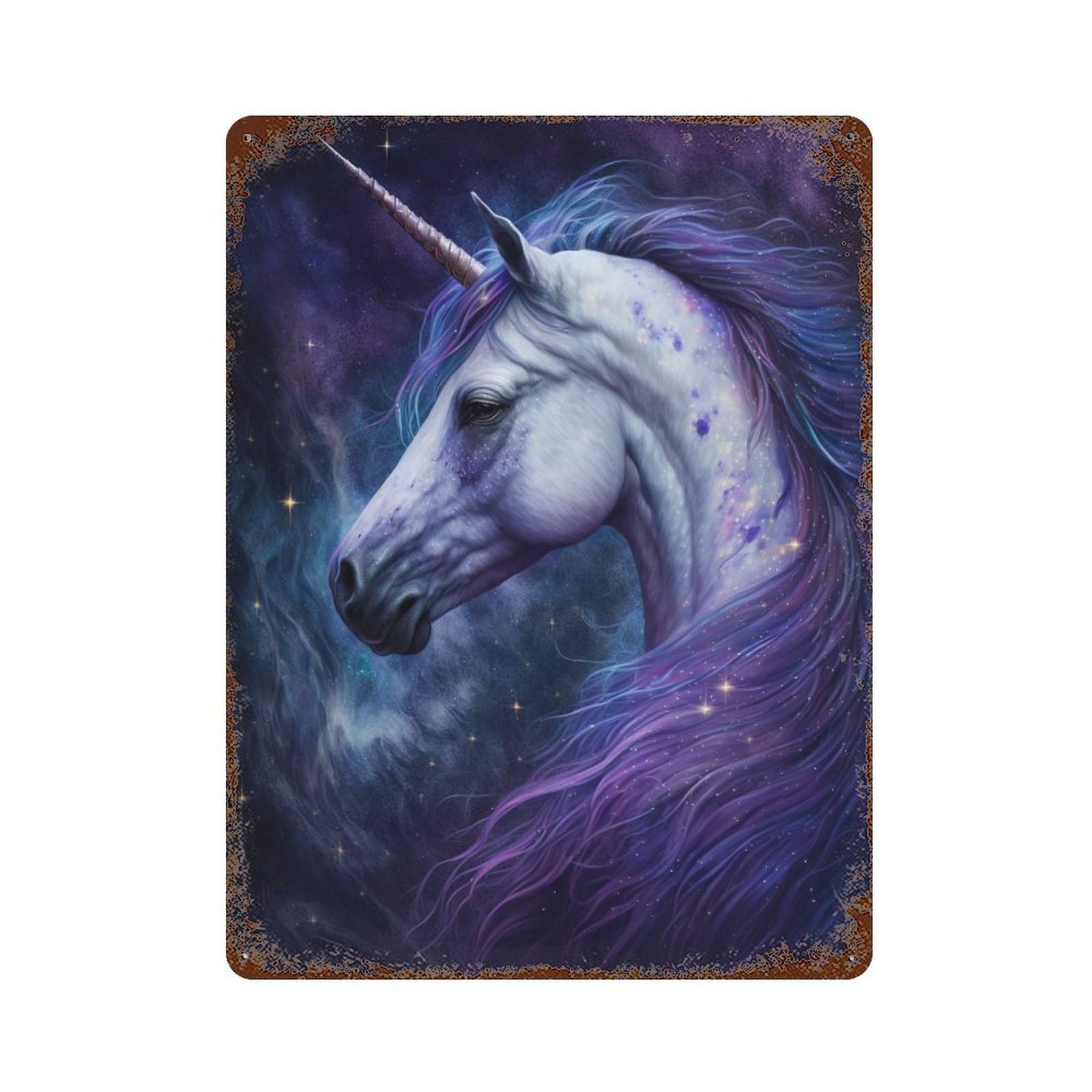Garage Style Galactic Unicorn Fantasy Art Distressed Metal Wall Sign 15.7"x11.8", Farmhouse Wall Decor for Bar And Workshop