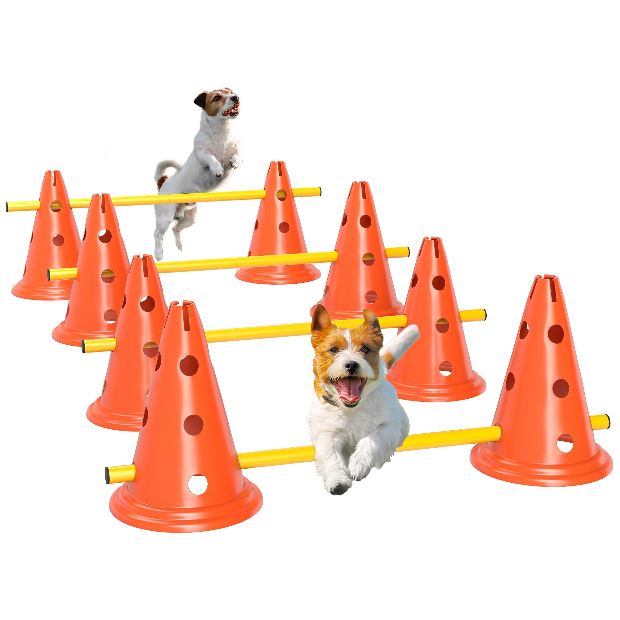 PawHut Juego de Agilidad para Perros, Vallas de Obstáculos de Entrenamiento de Coordinación, 8 Conos 30 cm de Altura, 4 Barras 80 cm de Longitud y Bolsa de Transporte, para Deporte de Fútbol y Perros