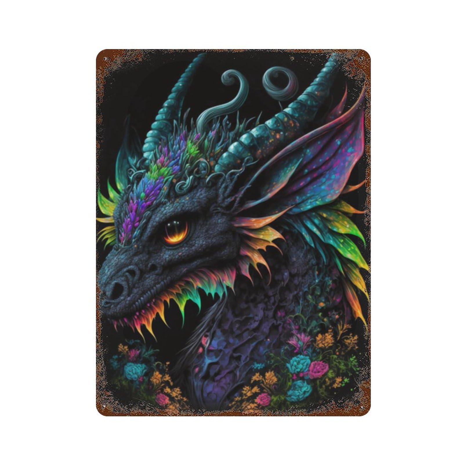 Weathered Tin Sign with Colorful Fantasy Dragon Art Print-1 Design 15.7"x11.8", for Office, Studio And Wall Decor, Retro Wall Decor