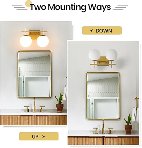 Miniatura 7 de Lámpara de tocador dorada, 2 luces para baño, sobre espejo, pantallas de globo de vidrio blanco lechoso, aplique de pared moderno de 14 pulgadas