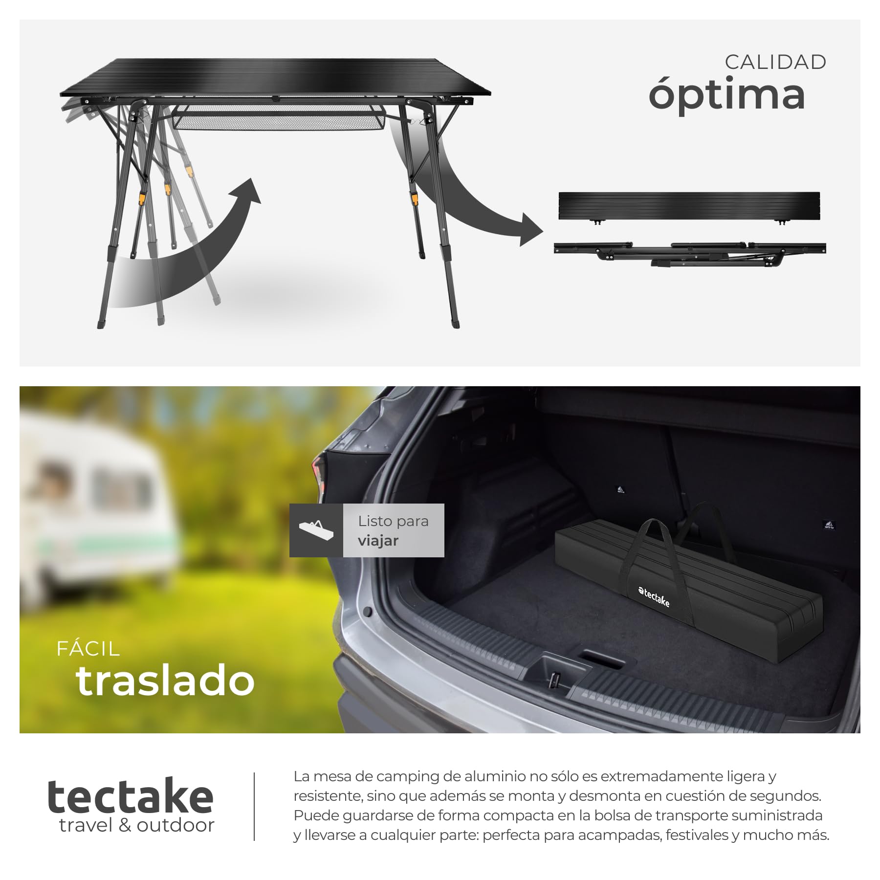 tectake® Mesa Camping Plegable con Altura Ajustable, Mesa Auxiliar de Aluminio con Topes, Mesa Exterior para Jardín, Terraza, Picnic, con Red Almacenamiento y Bolsa de Transporte, 120x70,5x79 - Negra