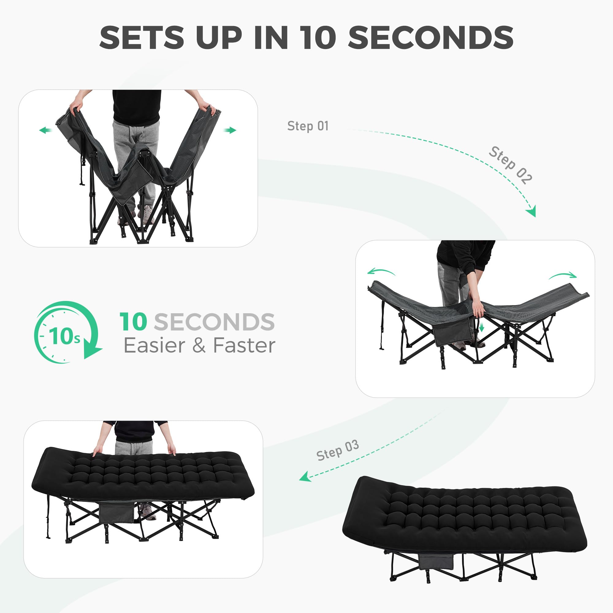 Mopaicot Catre de campamento, cama plegable para adultos con colchón y almohada integrados, catre de dormir portátil al aire libre para acampar y viajar, con bolsa de transporte, gris, carga máxima