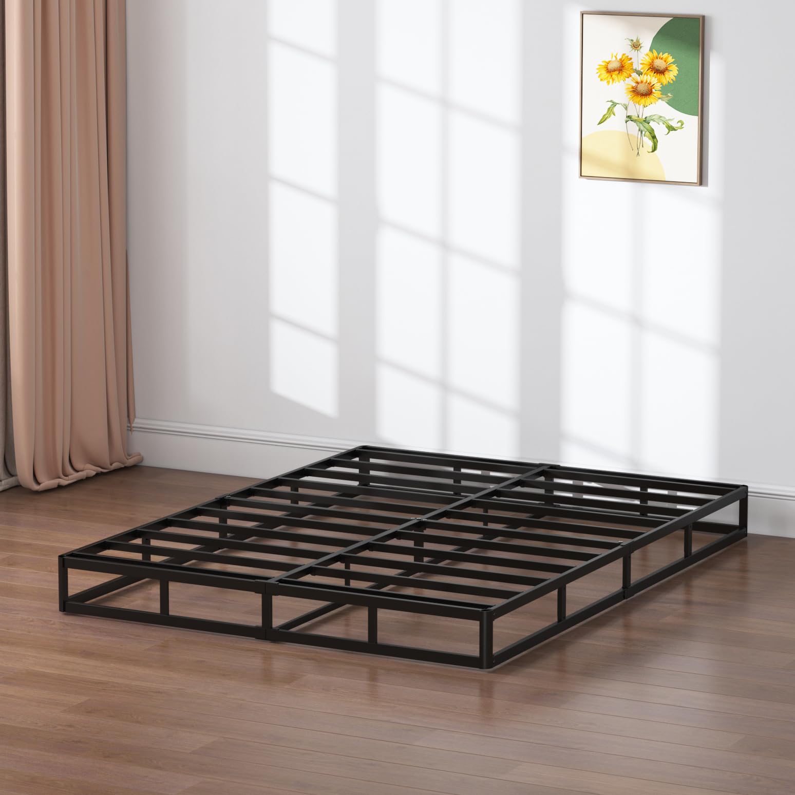 SHLAND Queen-Size-Boxspringbett, 17,8 cm, niedriges Profil, 1360 kg, schwarz, robuste Metallmatratzenfundament mit leicht zu reinigendem Stoffbezug, einfache Montage
