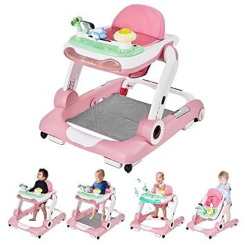 5-in-1 Baby Walker with Wheels, Baby Walkers for Boys Girls 6-18 Months, Foldable Adjustable Walker with Bouncer, Feeding Tray, Music & Detachable FootrestPink
