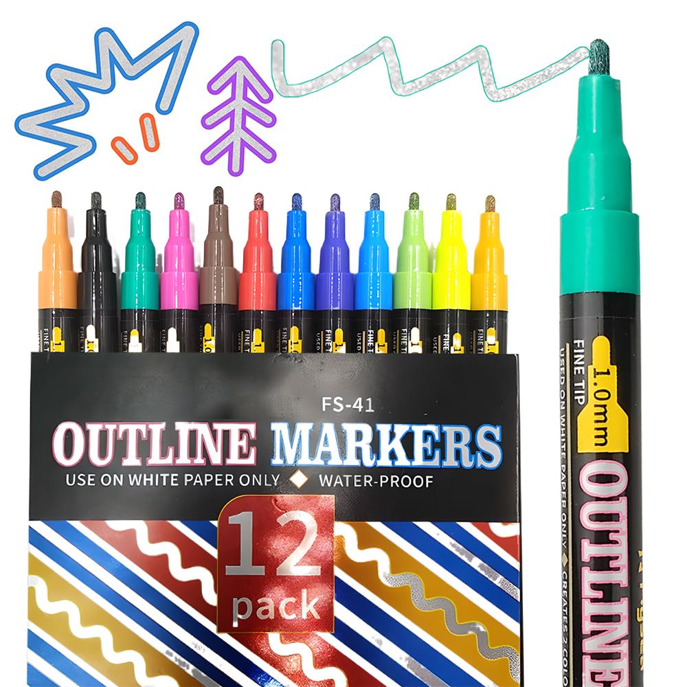 12-Color Dual-Line Outline Metallic Marker Set for Scrapbooking and Black Paper