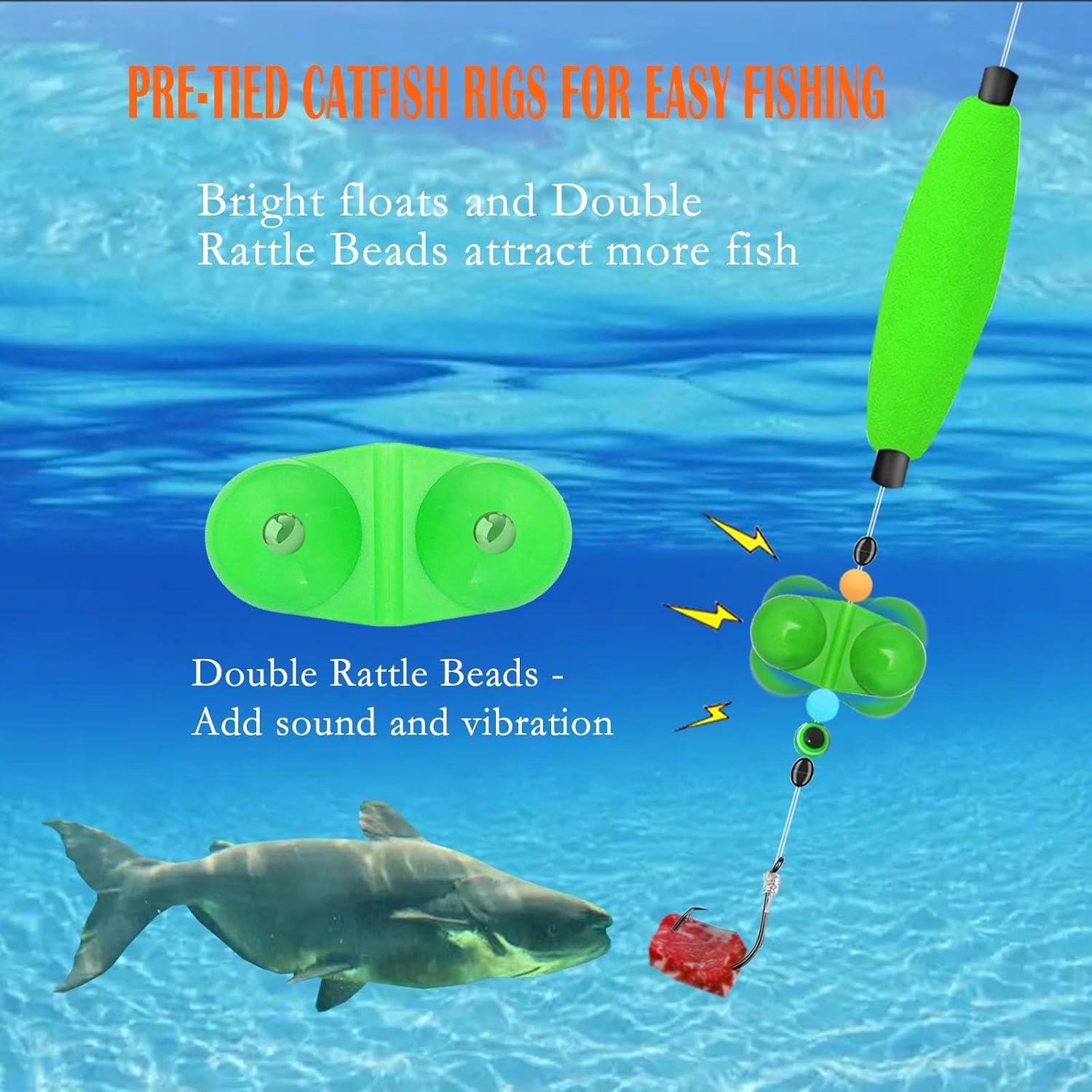 Catfish Rigs & Santee Rig Kit – 6pcs Pre-Tied Catfish Float Rigs with 5/0 6/0 7/0 Circle Hooks, Peg Floats – Heavy Duty Catfishing Tackle for Bank, Drift, or Bottom Fishing