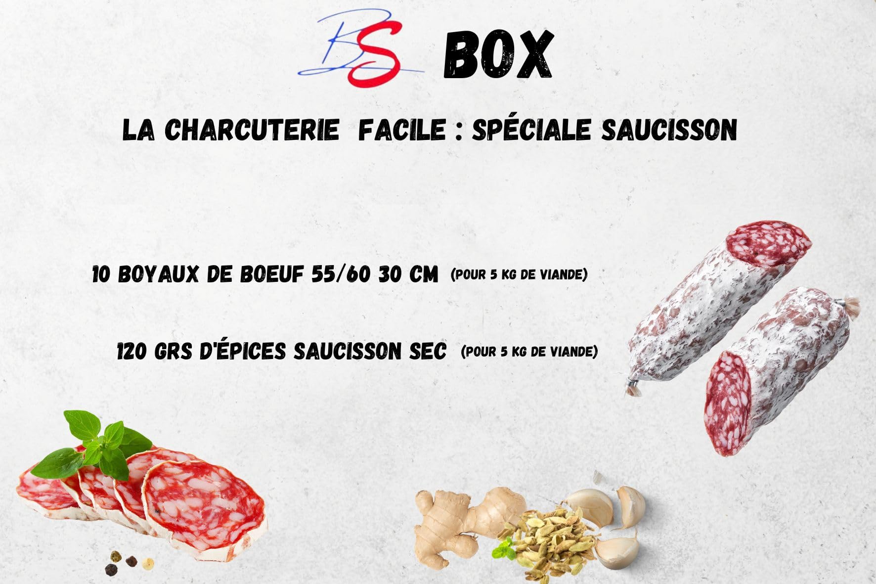 BS BOX, la charcuterie facile Spéciale saucisson, 1 épice combi sec 120 gr, 10 boyaux gros de boeuf 55/60 30 cm pour 10 saucissons de 500 gr environ