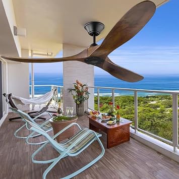 60Inch Ceiling Fan without Light, 3 Wood Blade 6 Speed Quiet Reversible DC Motor Ceiling fan with Remote Control, Large Indoor Outdoor Ceiling Fans for Patios Bedroom Living Room Farmhouse
