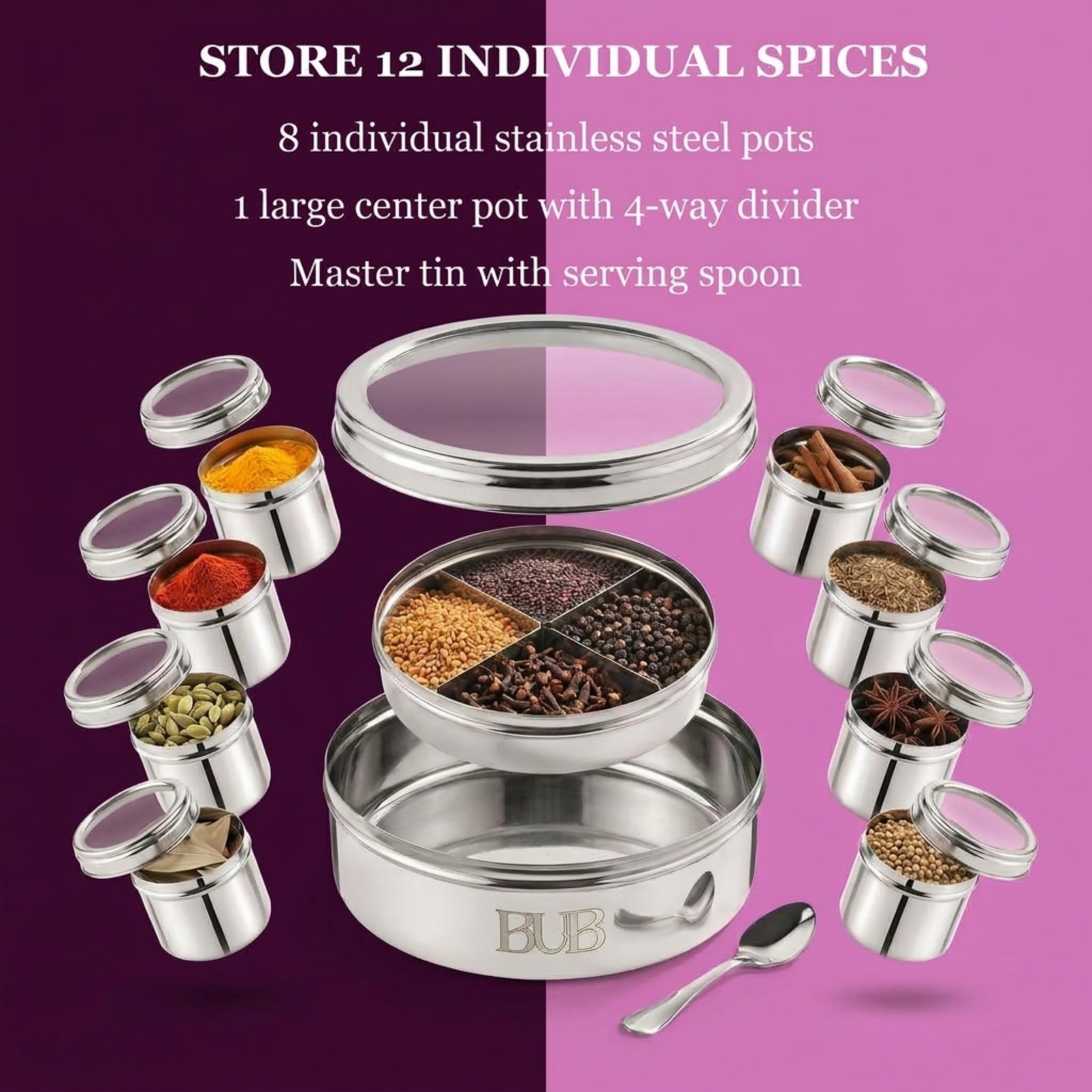 Bub: Lata grande de especias Masala Dabba de 22 cm, 9 tarros de especias con tapas individuales, capacidad para 12 especias, acero inoxidable pulido con cuchara para servir y tapas acrílicas