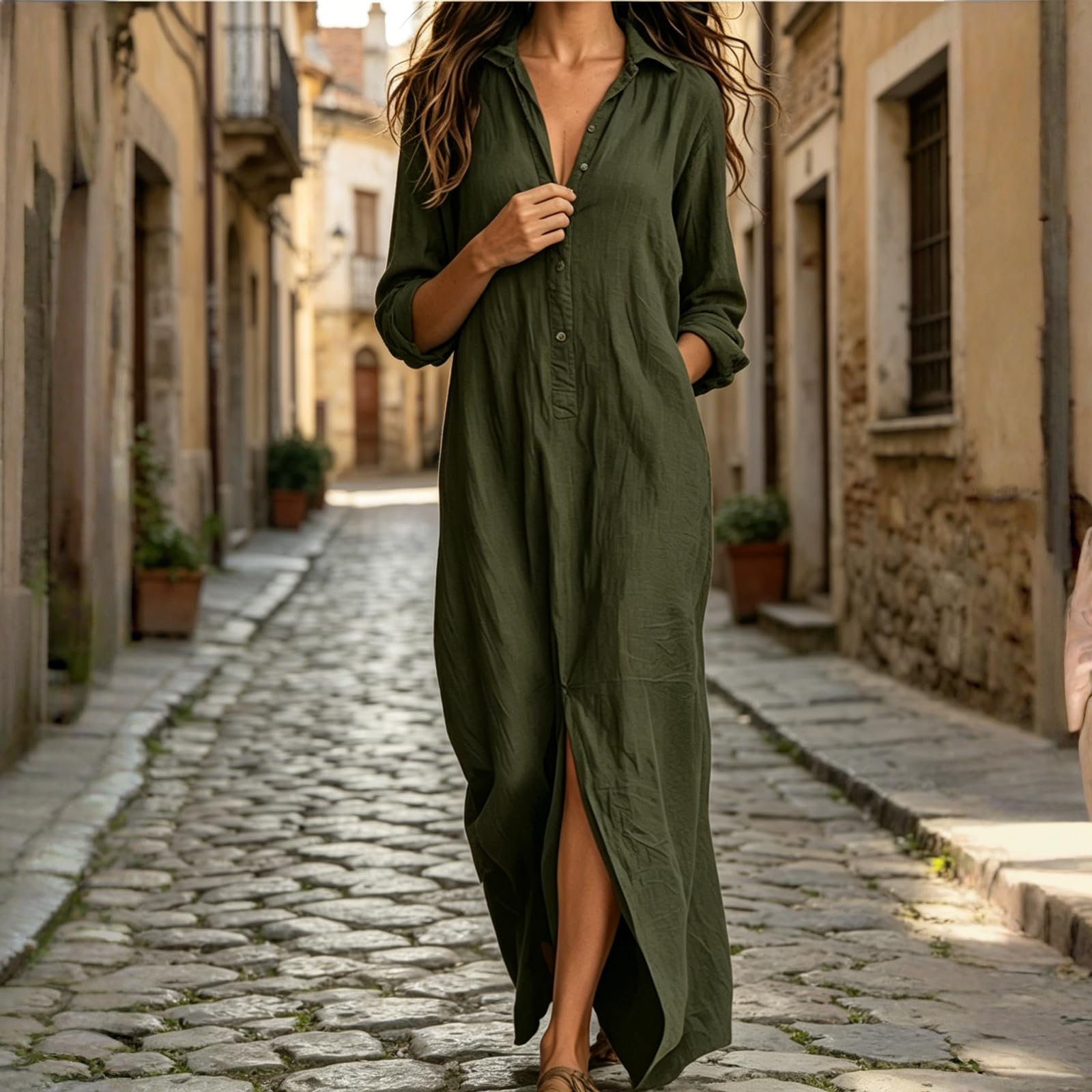 Generico Maxi Abito Casual da Donna a Maniche Lunghe, Stile Bohémien, con Colletto e abbottonatura Frontale – Ideale per Le Vacanze al Mare