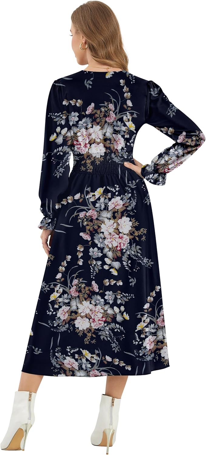 CYiNu Womens Floral Long Sleeve Midi Dress Deep V Neck Elastic Waist Boho Floral Dress for Women - Image 5