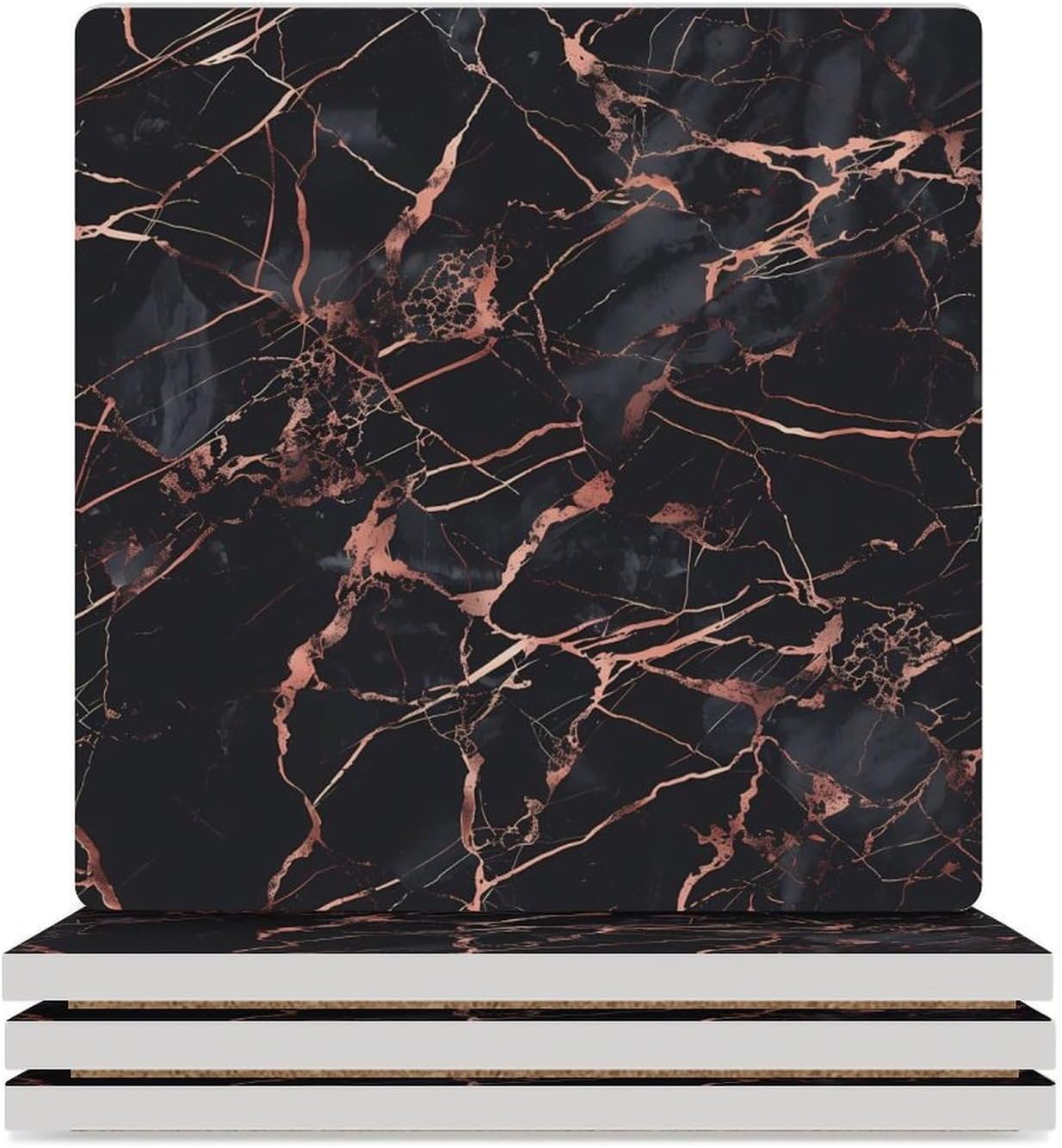 Rose Gold Foil Black Marble Coaster for Drinks Square Ceramic Table Coasters Stone Mat Crafts 6PCS Home Kitchen Decor