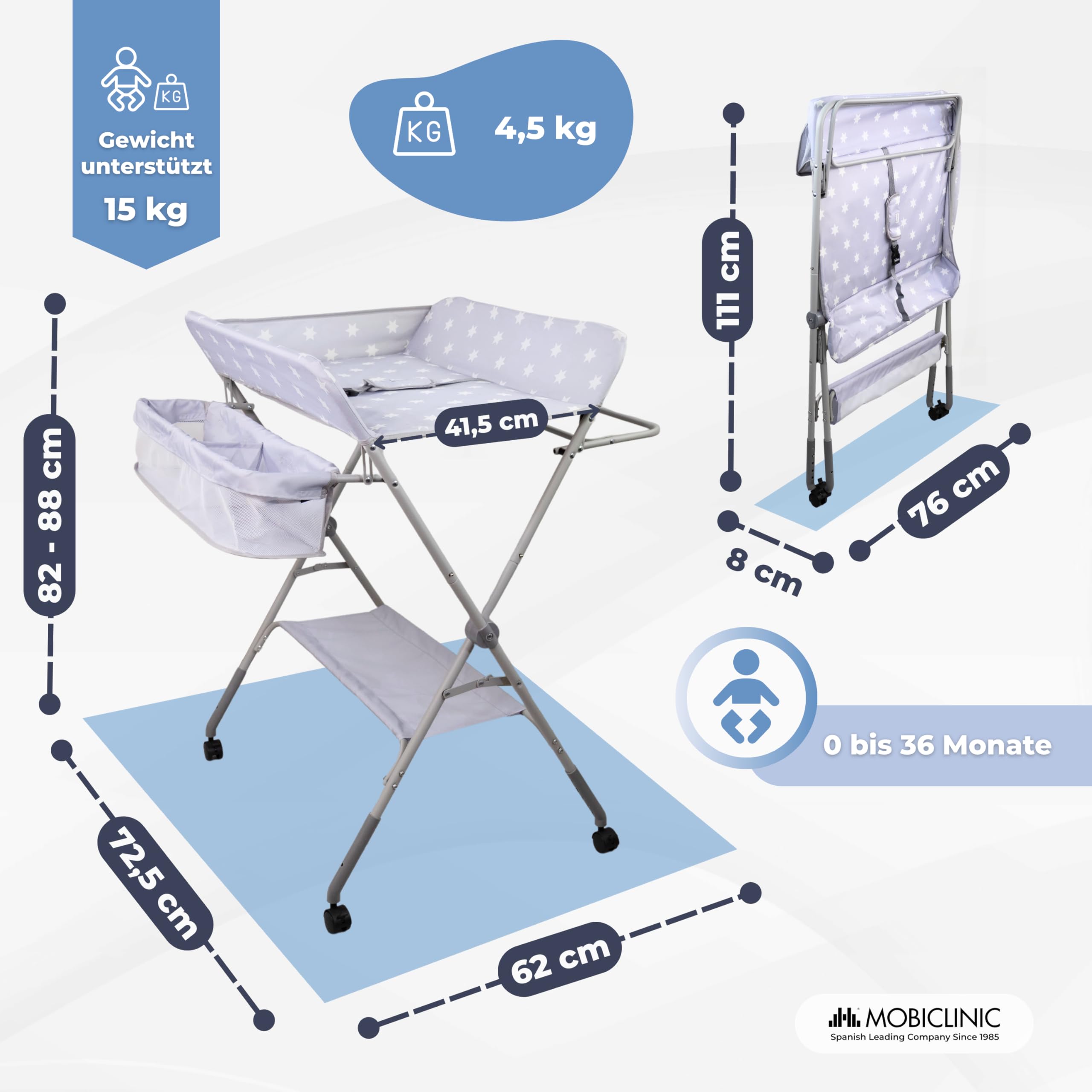 Mobiclinic®, Wickeltisch, Klappbar, Höhenverstellbar, Bis zu 15 Kg, 0–36 Monate, Windel-Organizer, 360°-Räder mit Bremse, Gurt und Sicherheitszaun, Waschbarer Bezug, Aufbewahrung, Zoey