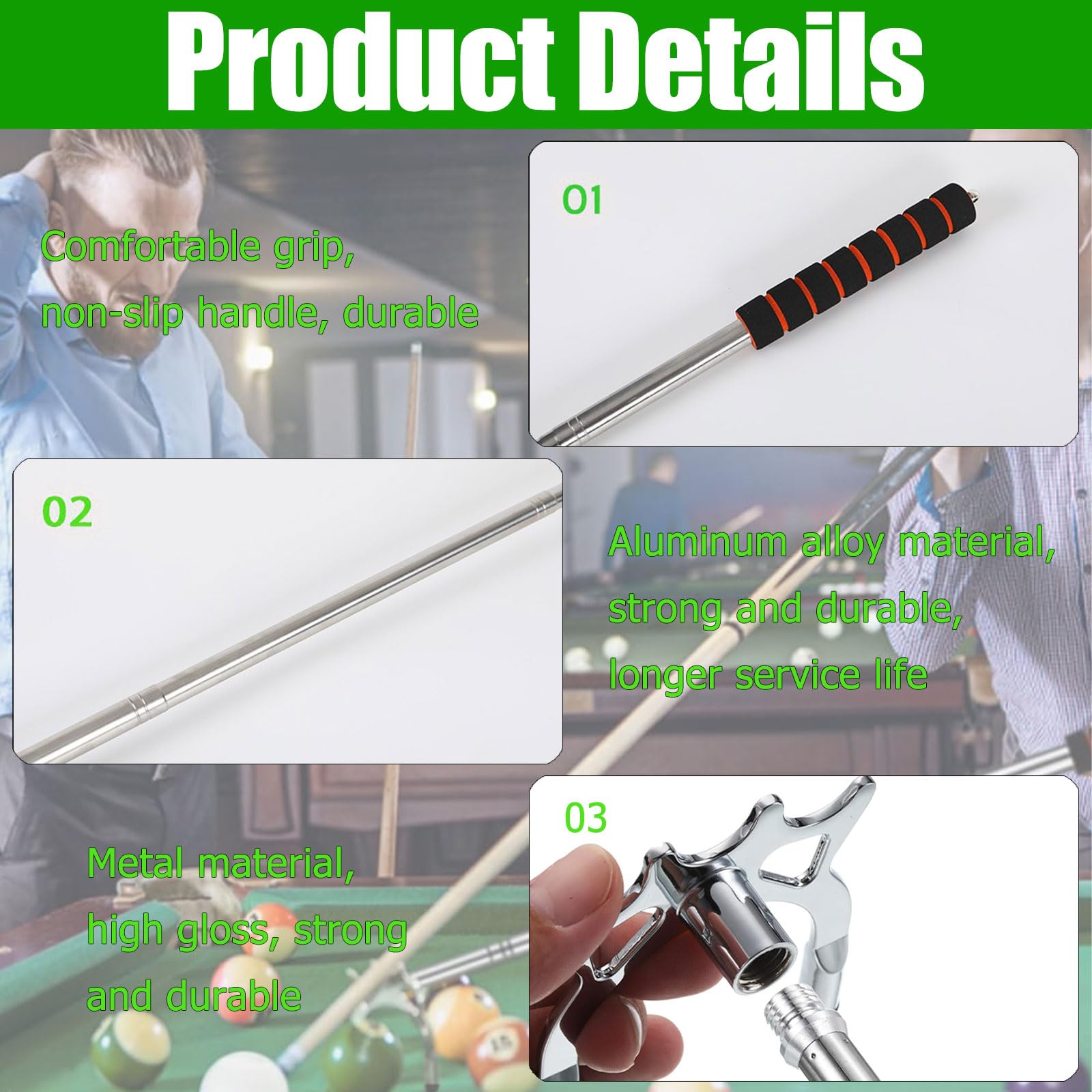 Ponte Stecca da Biliardo Retrattile,Billards Cue Stick Bridge,Stecca da Biliardo Retrattile con 3 Testa a Ponte Rimovibile,Accessorio per Stecca da Biliardo per Tavolo da Biliardo, Snooker