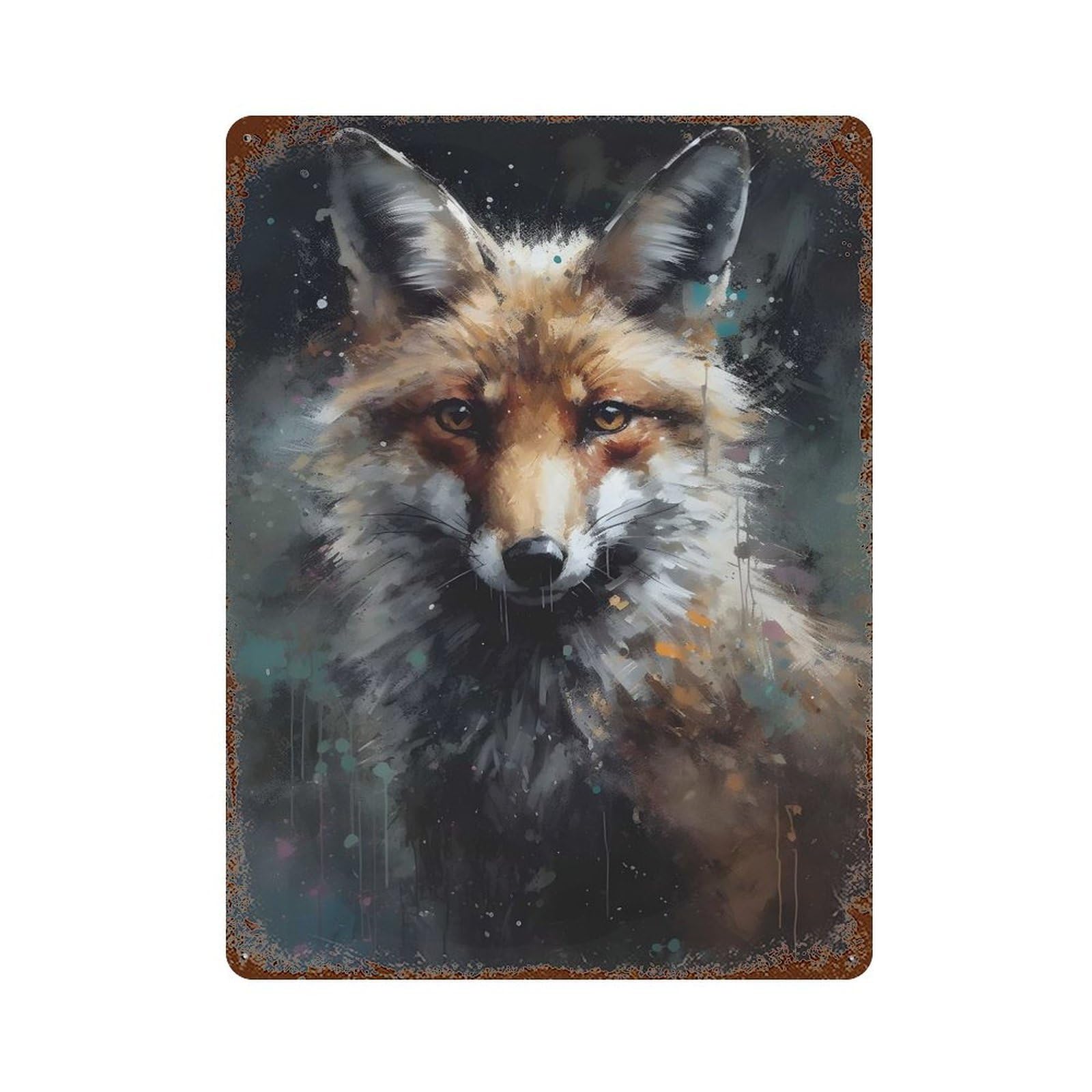 Oil Paint Fox Portrait Vintage Rust Metal Sign 15.7"x11.8", Farmhouse Wall Decor for Garage, Pub Or Kitchen