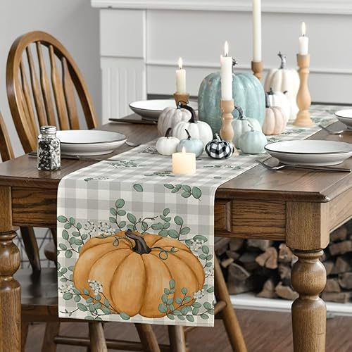 Miniatura 3 de Artoid Mode Buffalo - Camino de mesa de otoño con hojas de eucalipto y calabaza, naranja, a cuadros, otoño, Acción de Gracias, cocina, comedor,
