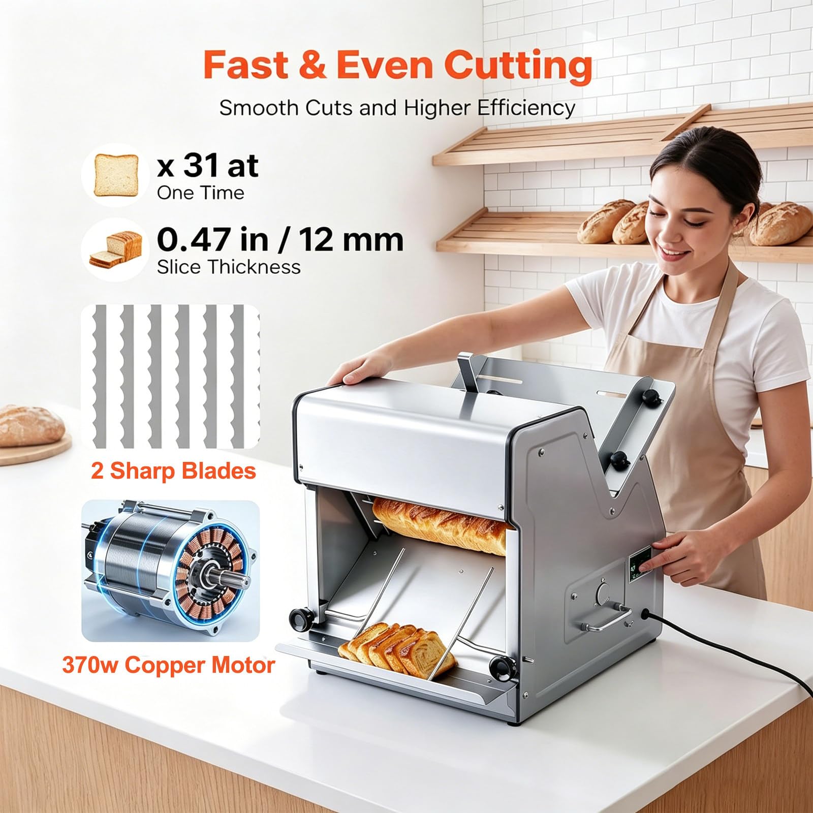 Affettatrice Professionale da 370W, in Acciaio Inox, con capacità di Taglio Fino a 12mm di Spessore, Lunghezza Regolabile, Facile da Pulire, Ideale per Toast, Pane, prosciutto, Funghi.