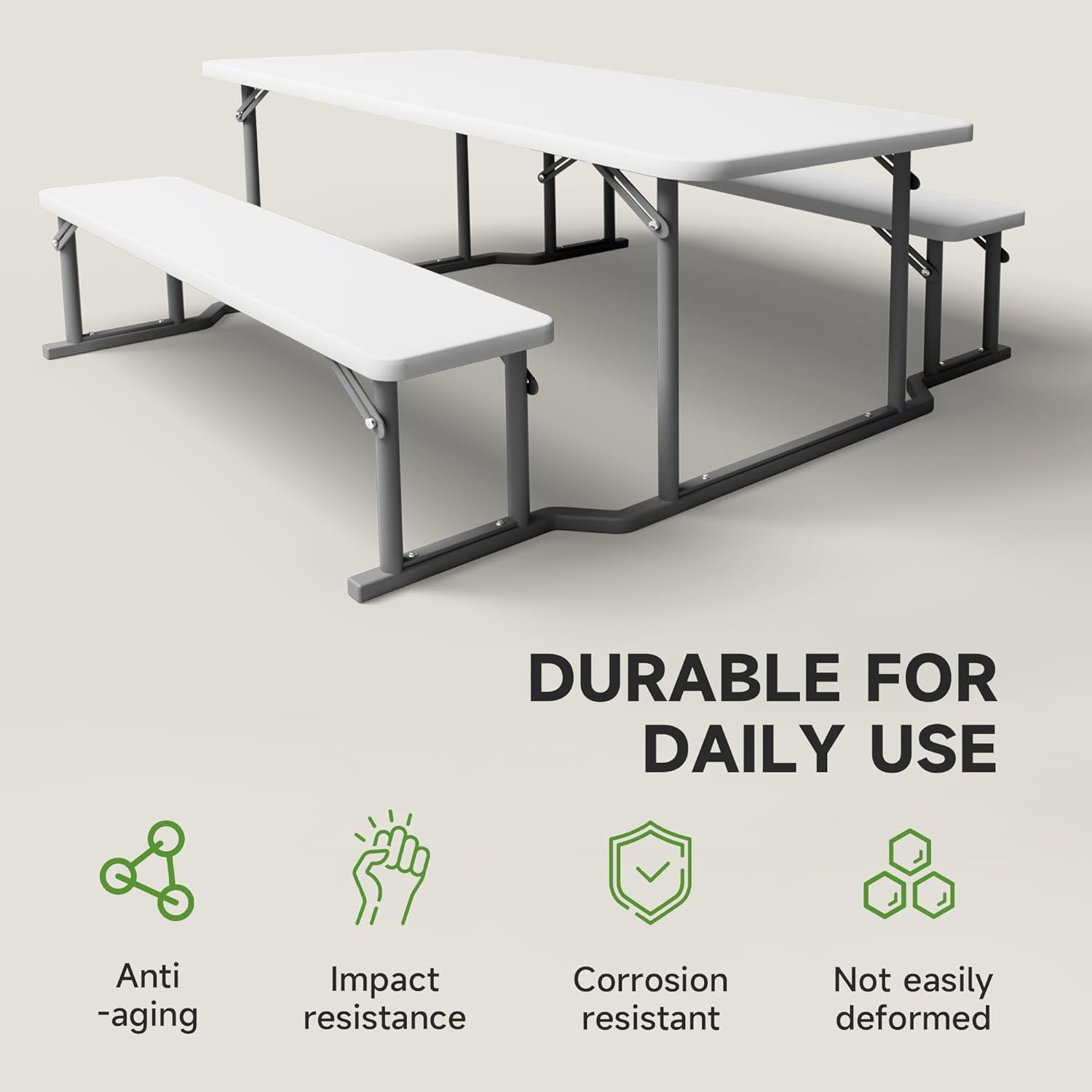 6‑Foot Picnic Table with Benches, Durable HDPE Top with All-Weather Steel Frame, Stable & Easy to Clean, Portable Camping Table and Chairs for Outdoor & Indoor Use,White
